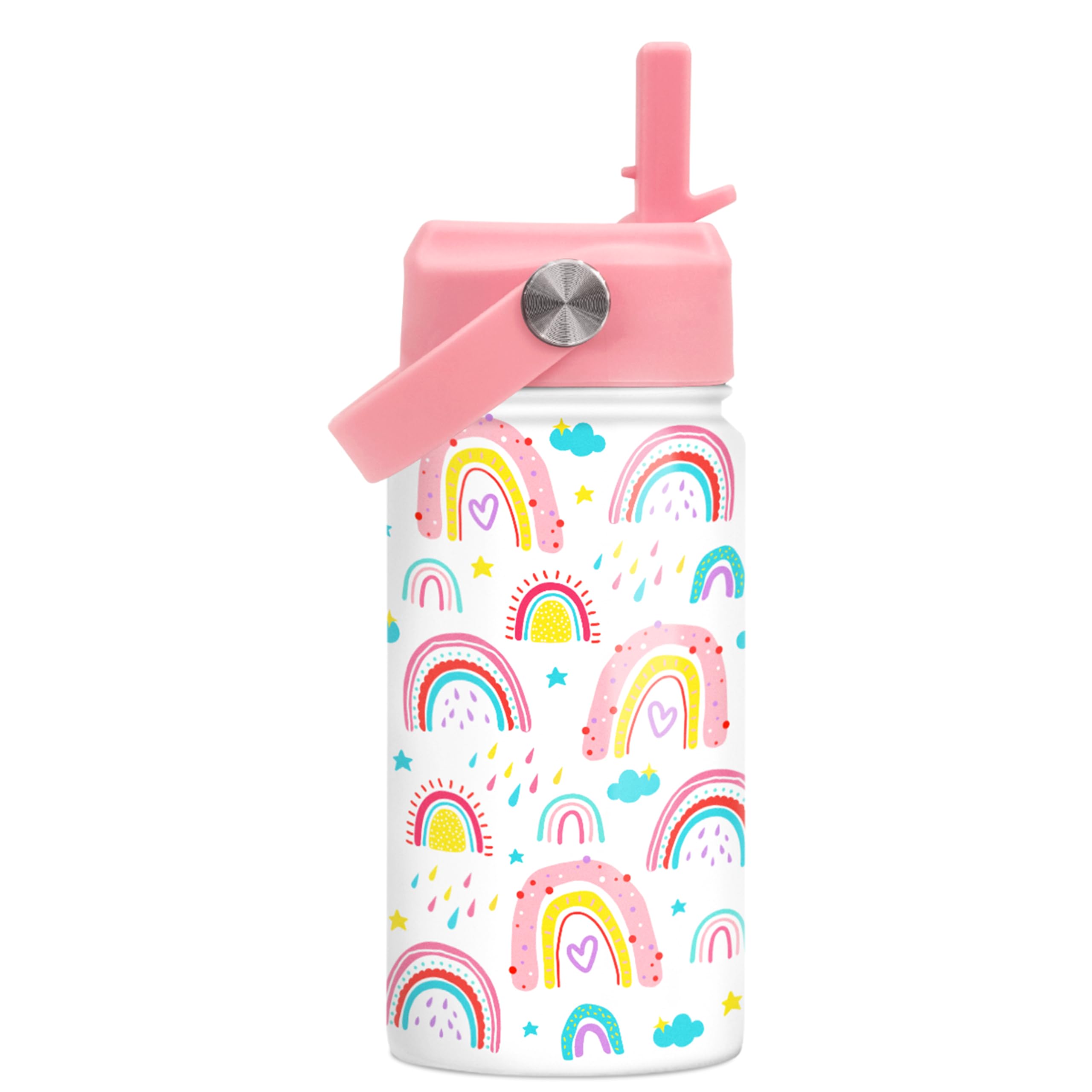 Rainbow Kids Water Bottle With Straw Lid 12oz Insulated Stainless Steel, Travel Tumbler, Gifts For Girls, Birthday, Christmas, Back To School