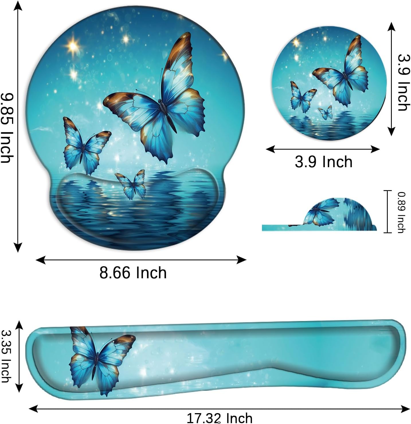 Mouse Pad Wrist Support and Keyboard Wrist Rest with Coaster,Non-Slip Rubber Base Ergonomic Gaming Mousepad for Home Office Working Studying Easy Typing & Pain Relief,Blue Magic Butterfly Over Water
