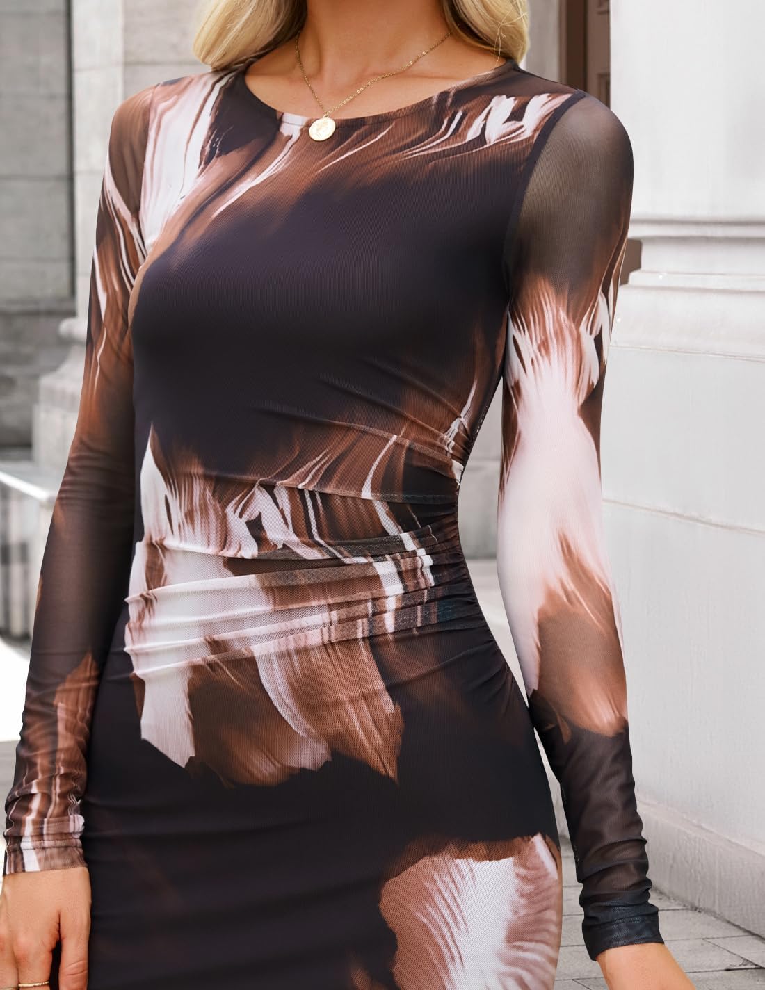 ZESICA Women's Long Sleeve Floral Maxi Dresses 2026 Fall Bodycon Crewneck Side Slit Ruched Fitted Party Long Dress - Image 4