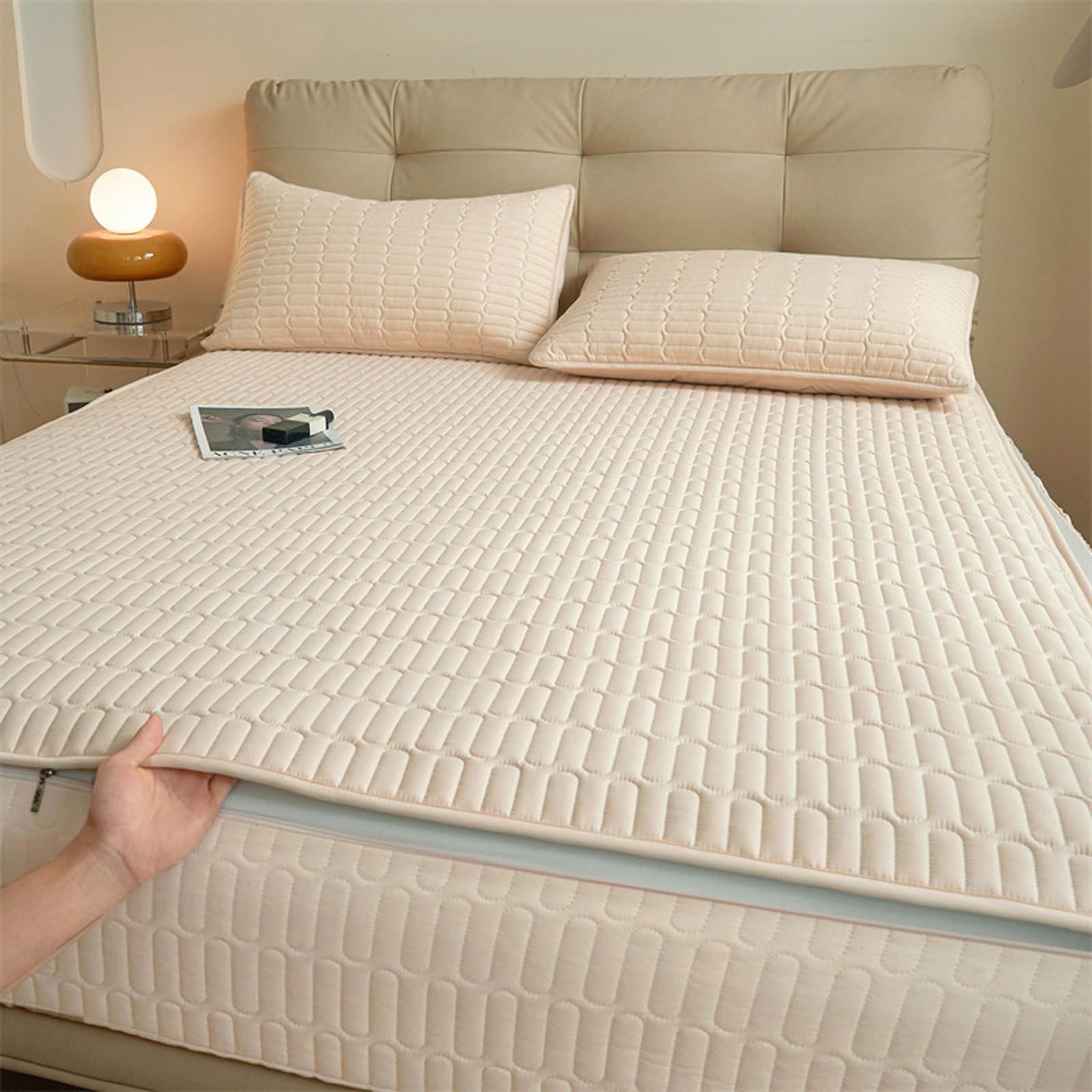 Gesteppter, waschbarer Matratzenbezug mit Reißverschluss, anpassbare Größe, feuchtigkeitsbeständig und waschbar, atmungsaktiver und weicher Matratzenschoner-Beige- 80x180+15cm