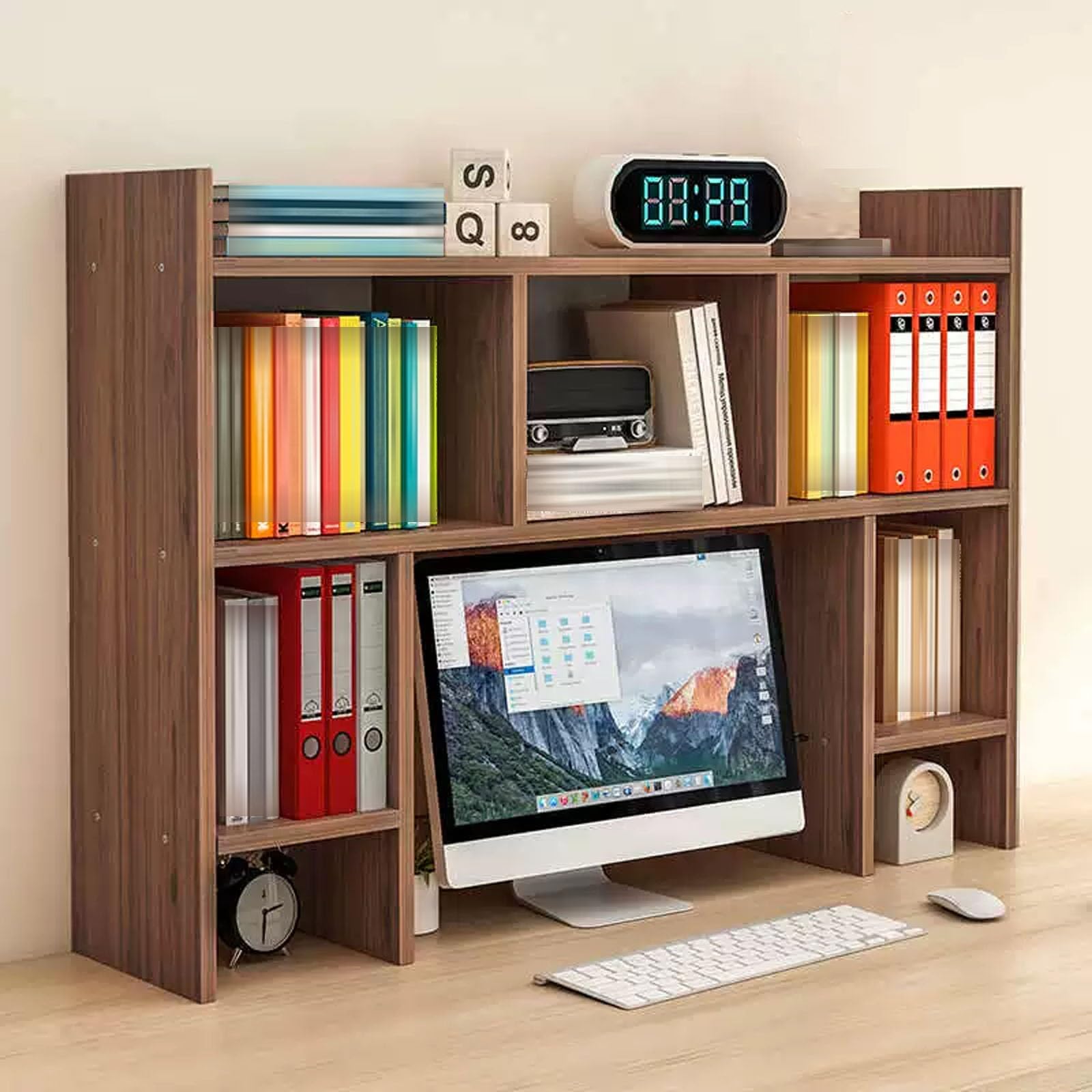 CWCQGH Computer Desk Organizer, Versatile Bookshelf for Home & Office, Desktop Storage Rack for Bedroom & School Decor, Space-Saving Tabletop Shelf,Brown-100cm/39.4in