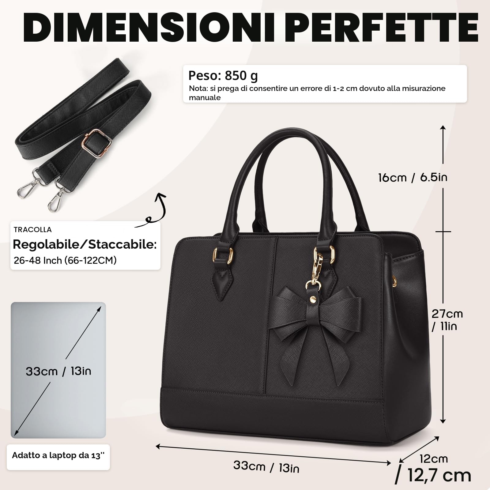 RAINSMORE Borsa a Mano Donna Media Pelle PU Borsa Lavoro Donna Borsetta a Spalla Borse Tracolla Ufficio Shopping Bag Tote Firmata 13 Pollici Nero