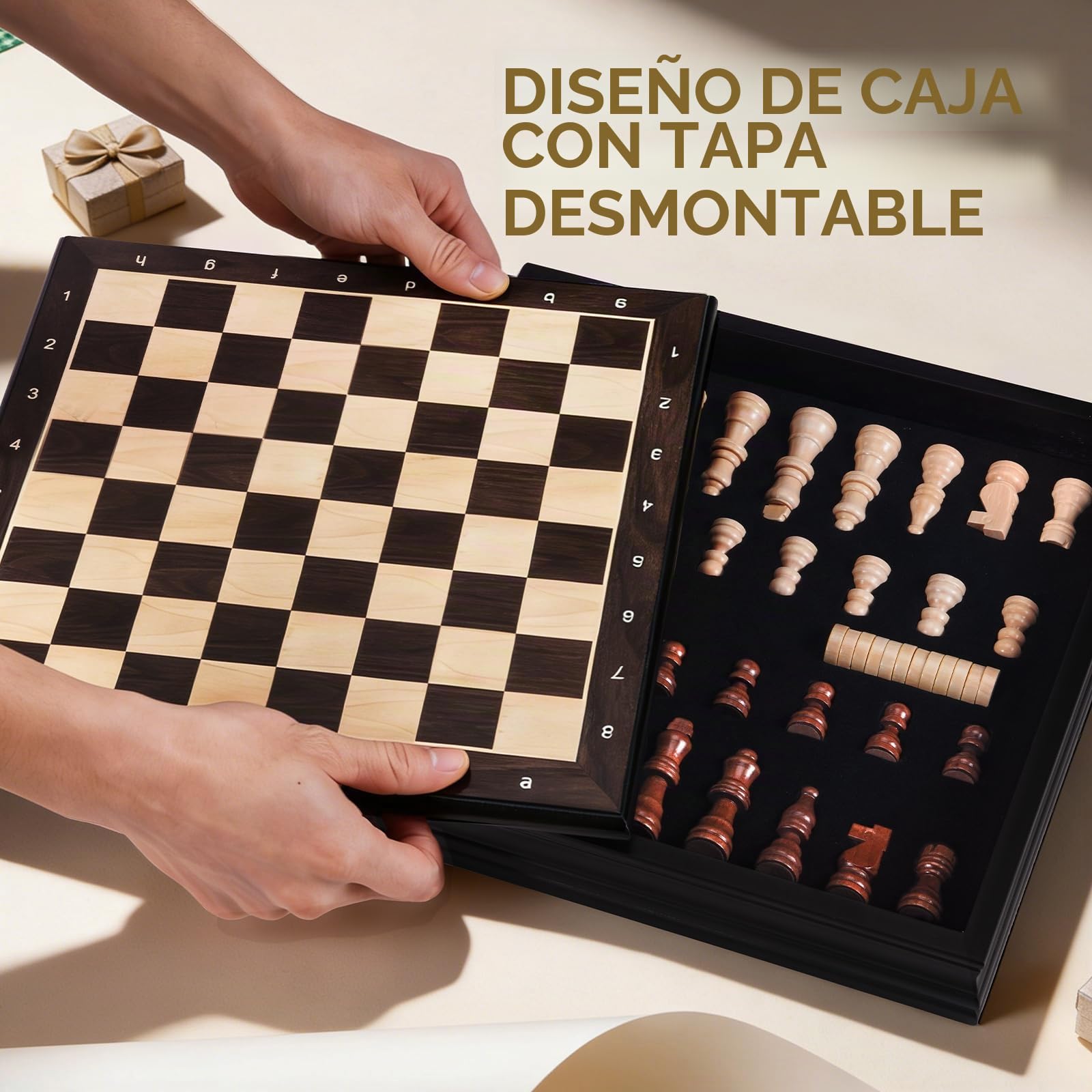 Peradix Ajedrez Magnético de Madera con Tapa Desmontable, Juego de Ajedrez y Damas 2 en 1 con Piezas, Regalo Tradicional para Adultos y Niños