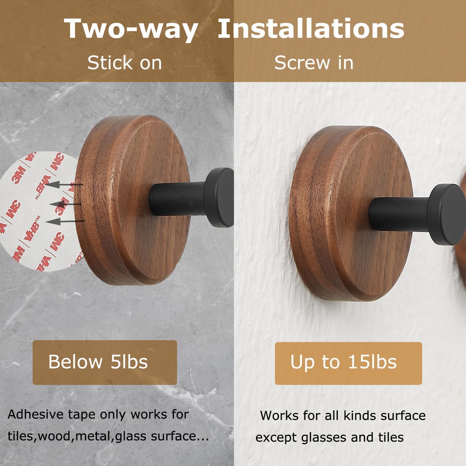 Wood Wall Hooks,4 Packs Dark Walnut Wood Coat Hooks Wall Mounted(Stick on & Screw in) for Hanging Purse,Hats,Backpacks,Jackets,Bags and Robe(Up to 30lbs),Modern Farmhouse Decor.