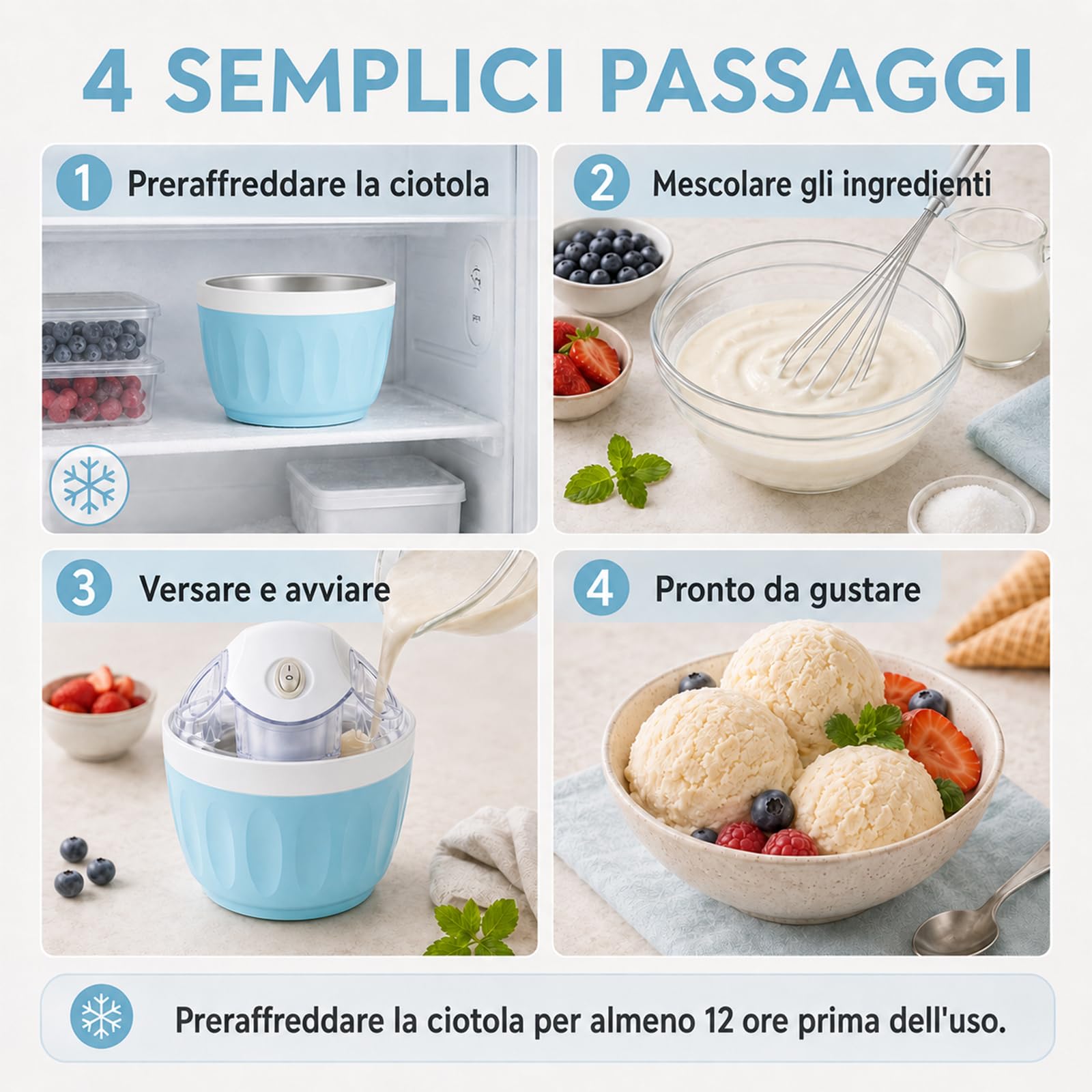 Mini Gelatiera per Casa, Mini Macchina per Gelato e Sorbetto，Azzurro chiaro