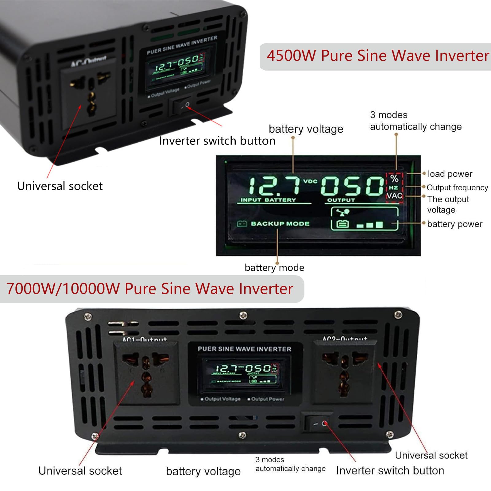 Inversor de Onda Sinusoidal Pura de 4500W 7000W 10000W, 12V 24V 48V a 110V 220V, Convertidor de Potencia para Vehículo, Adaptador para Coche, para Trabajo Al Aire Libre o Camping,4500W-24V