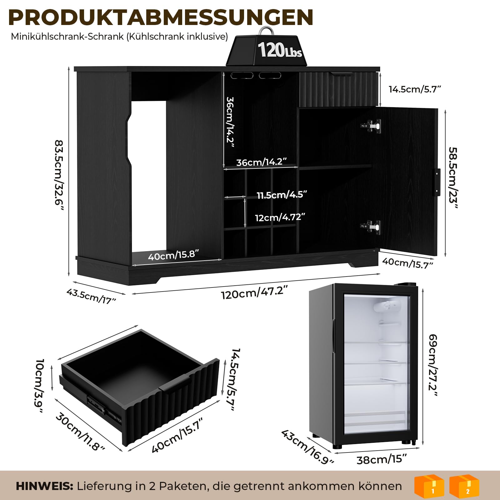 Kaffeebar-Schrank mit integriertem Kühlschrank, geriffelter Weinschrank mit Weinregal & Gläserhalter, Buffet Sideboard mit Spirituosenschrank, Schublade & Stauraum, Hausbar, Schwarz