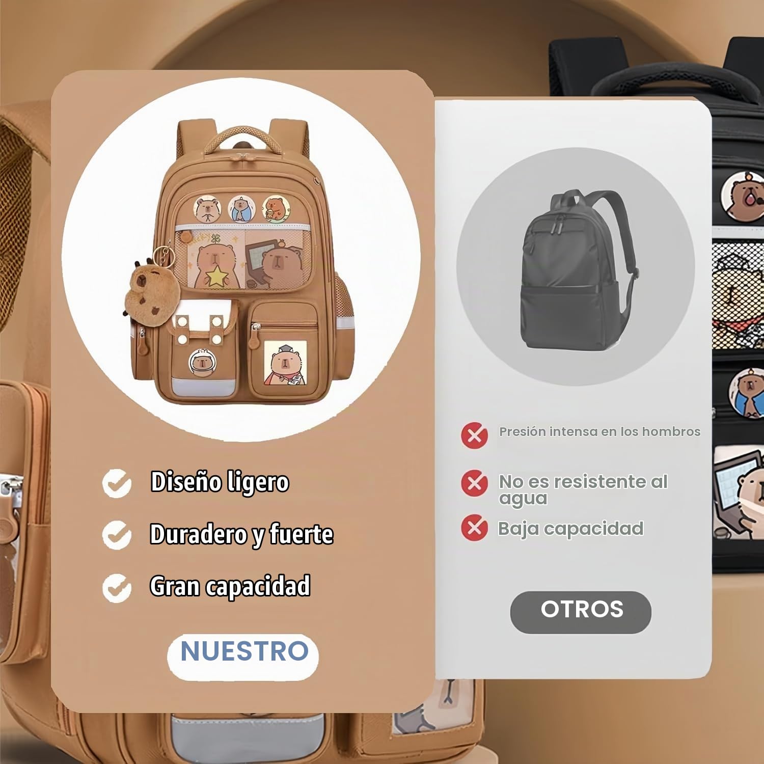Genérico Mochilas Capibara, Kit de Escolar Capibara,Mochila de Capybara Niña, Mochila Capibara Escolar Grande Conjunto con Bolsa de Almuerzo, Set de Regalo Bonito para Niños & Estudiantes