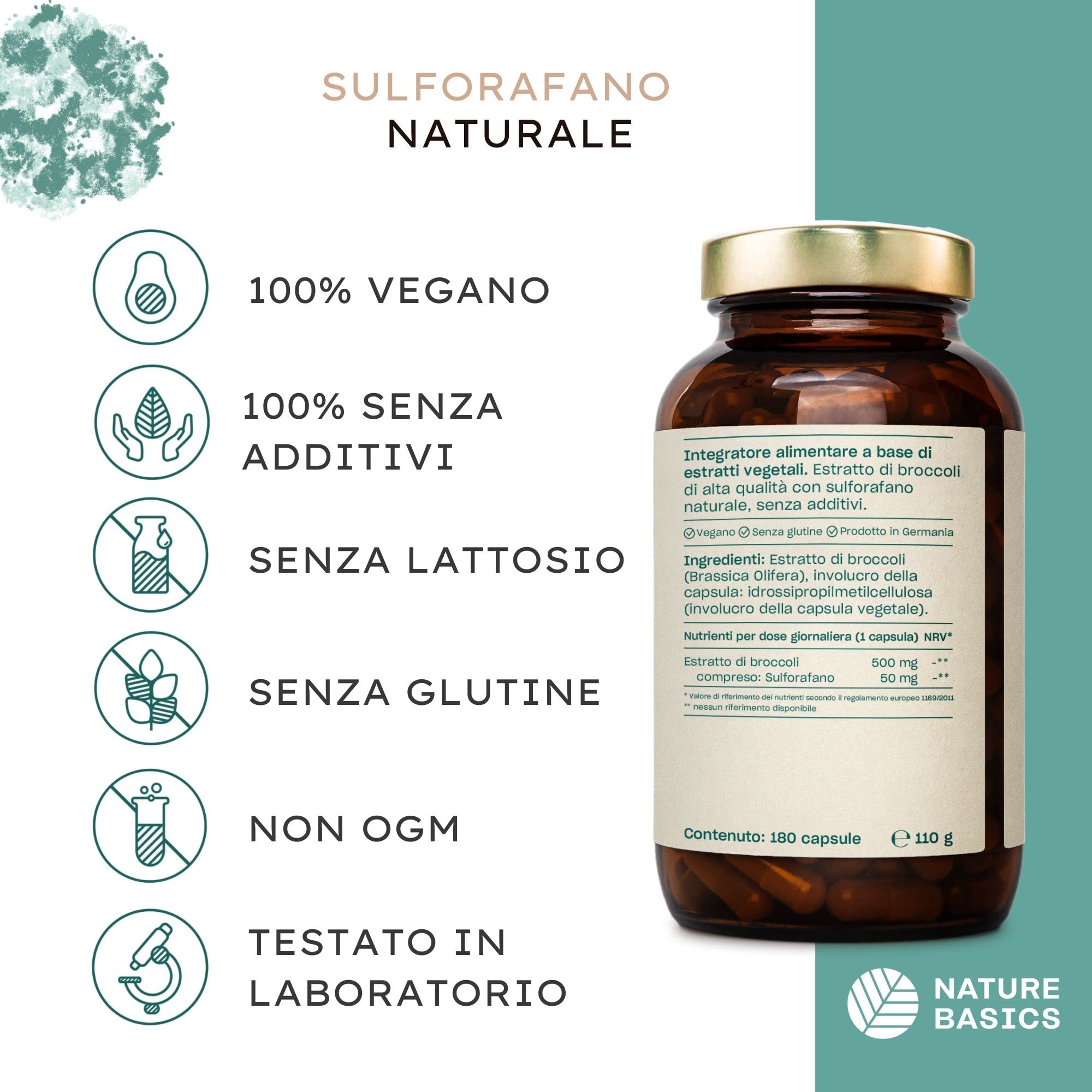Nature Basics® sulforafano naturale (estratto di broccoli) certificato e sostenibile | 180 capsule ad alto dosaggio | 500 mg per capsula con 50 mg di sulforafano