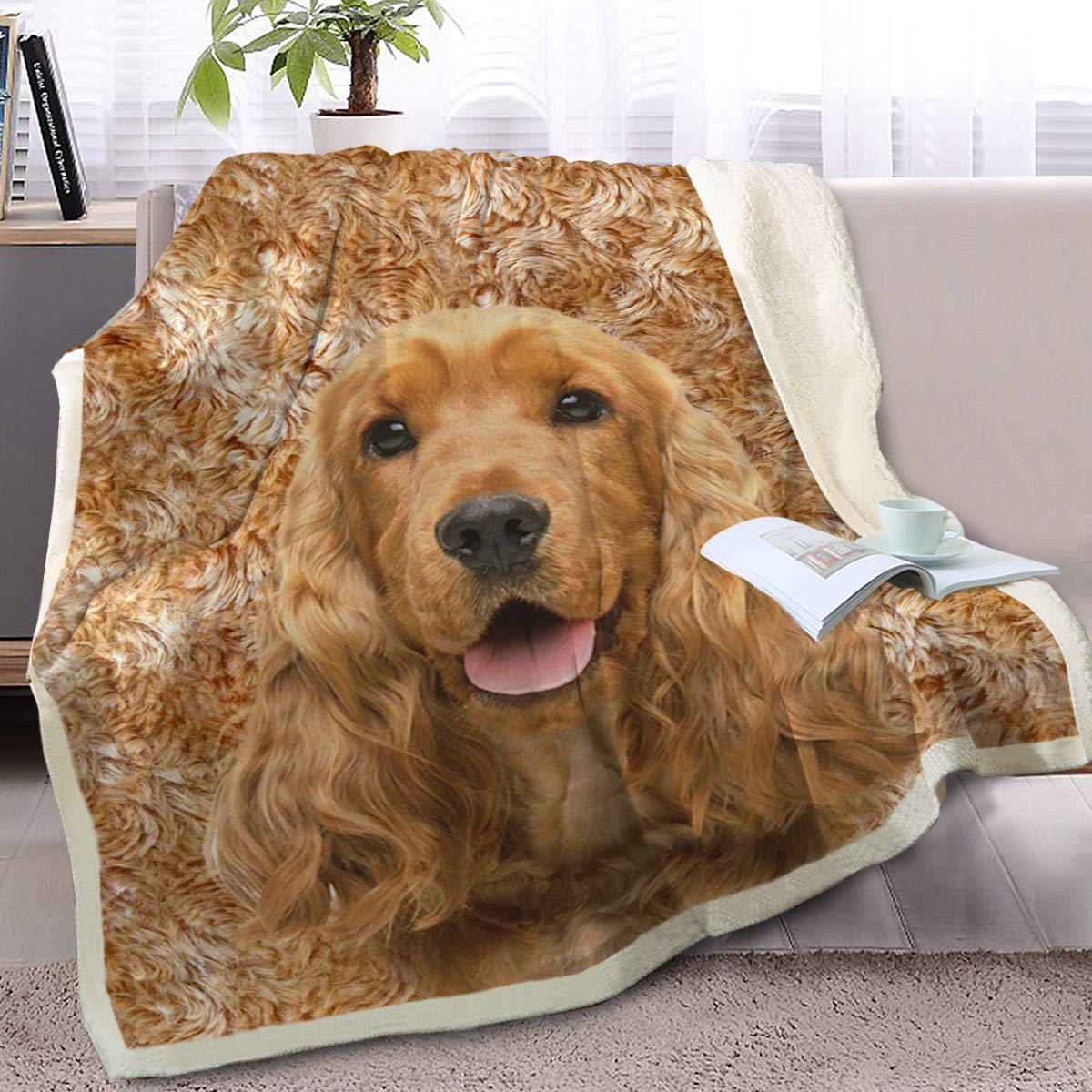 BlessLiving Cute Dog Throw Blanket Sherpa Fleece Blanket 3d Animal Print Reversible Blankets for Bed and Couch English Cocker Spaniel Travel/Single (130x150cm)