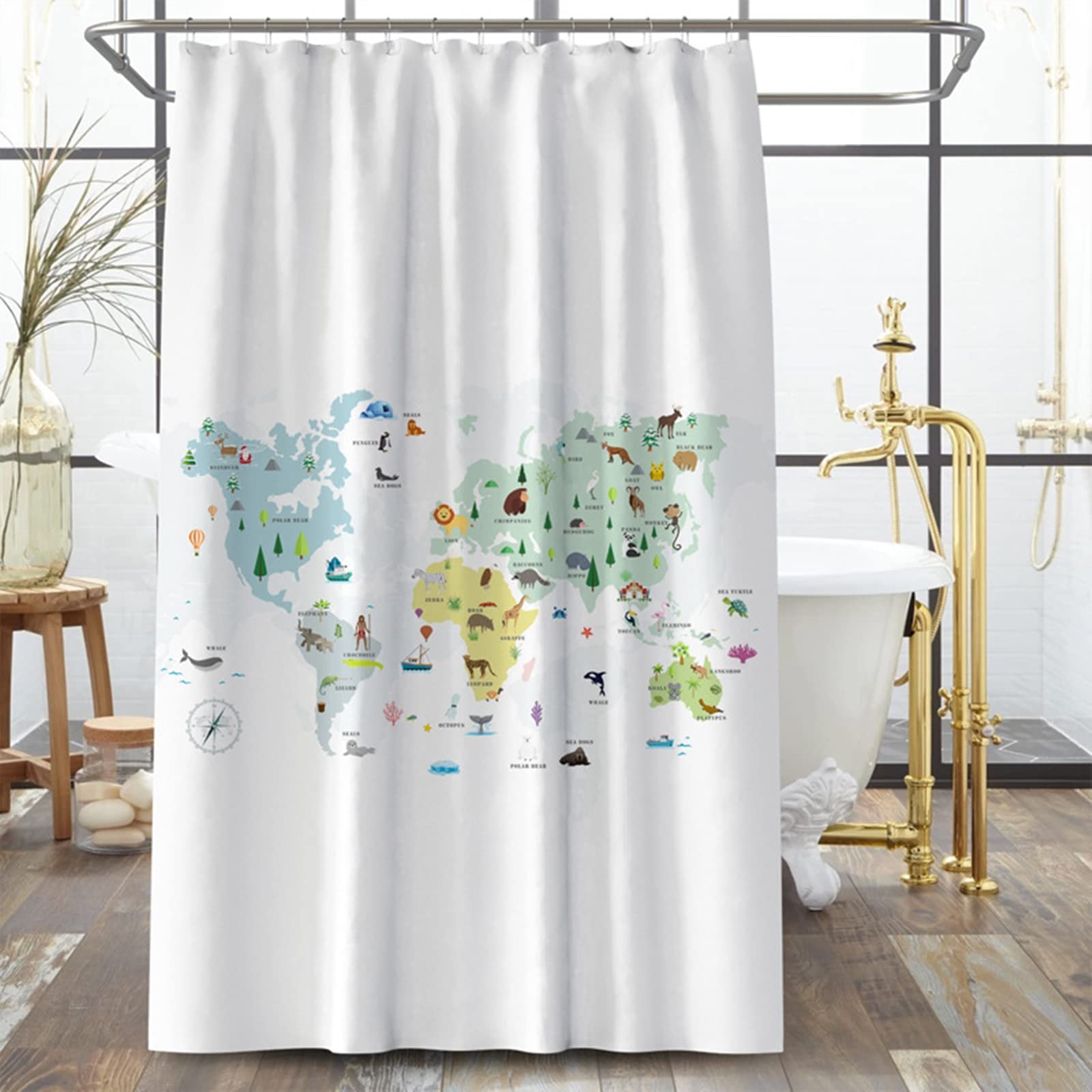 Rideau de douche carte animaux 200x200 anti-moisissure en polyester pour salle de bain