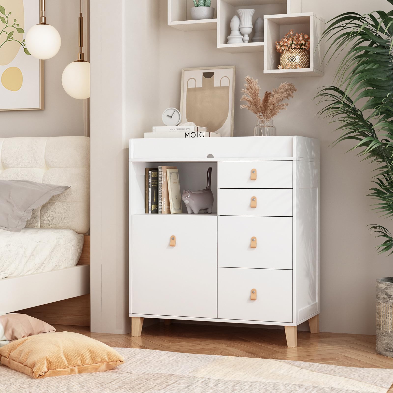 Cómoda cambiador con cambiador, mesa cambiador, cómoda con 5 cajones, con protección antivuelco, cambiador, cambiador con 5 cajones, estante cambiador con muchos cajones, MDF, blanco, 116 cm x 46 cm x