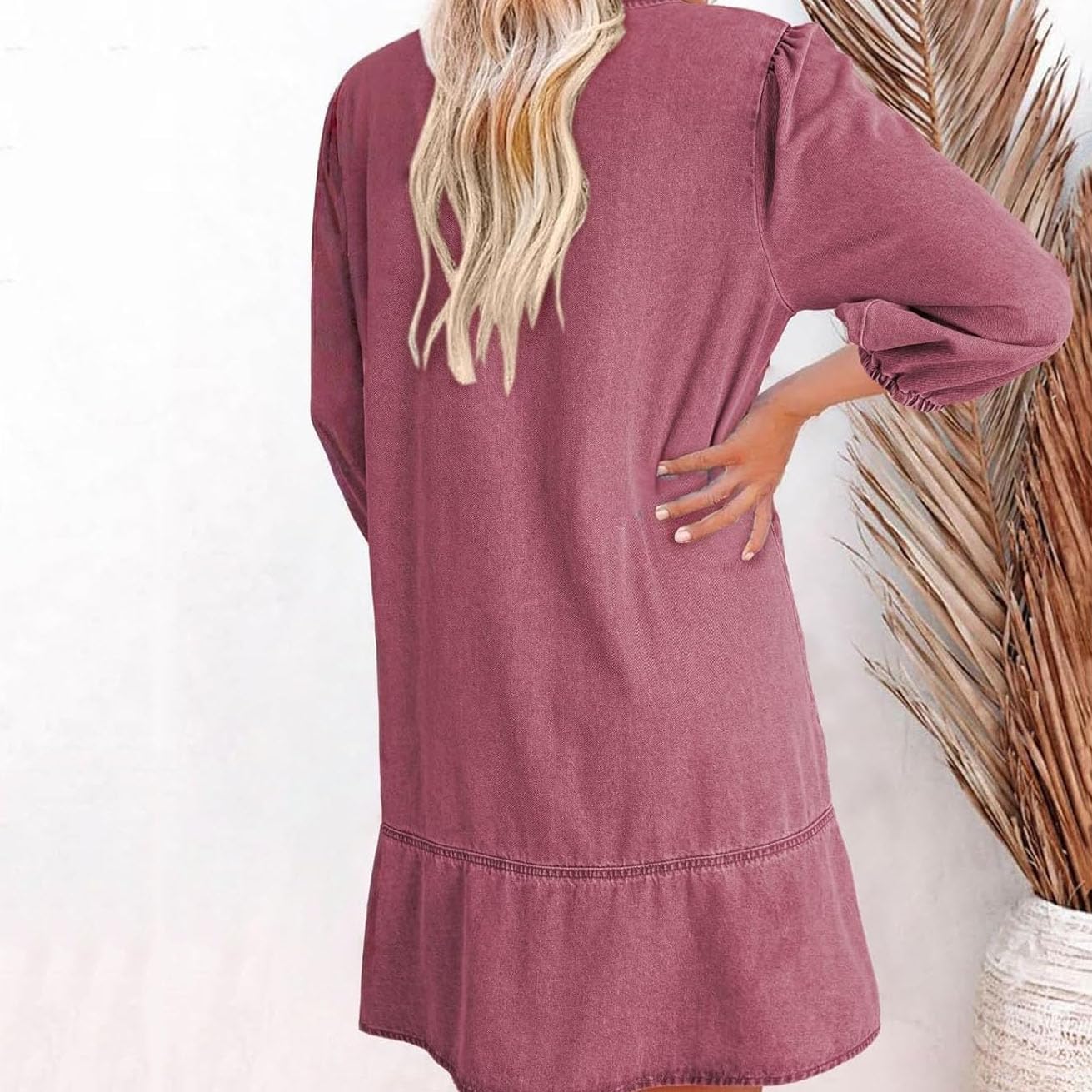 Vestido Vaquero con Capas, Cuello en V y Mangas abullonadas para Mujer, Vestidos Vaqueros con Volantes y Mangas 3/4, Vestido Vaquero Camisero Holgado de Verano con Bolsillos. (Dark Pink,L)