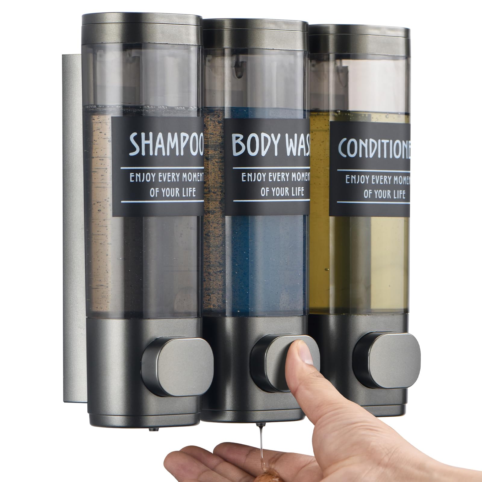 GlintGath 3 Chamber Wall Mounted Shampoo and Soap Dispenser for Shower No Drill, 3 * 300ML, Gun Gray, Gun Gray 3 Chamber