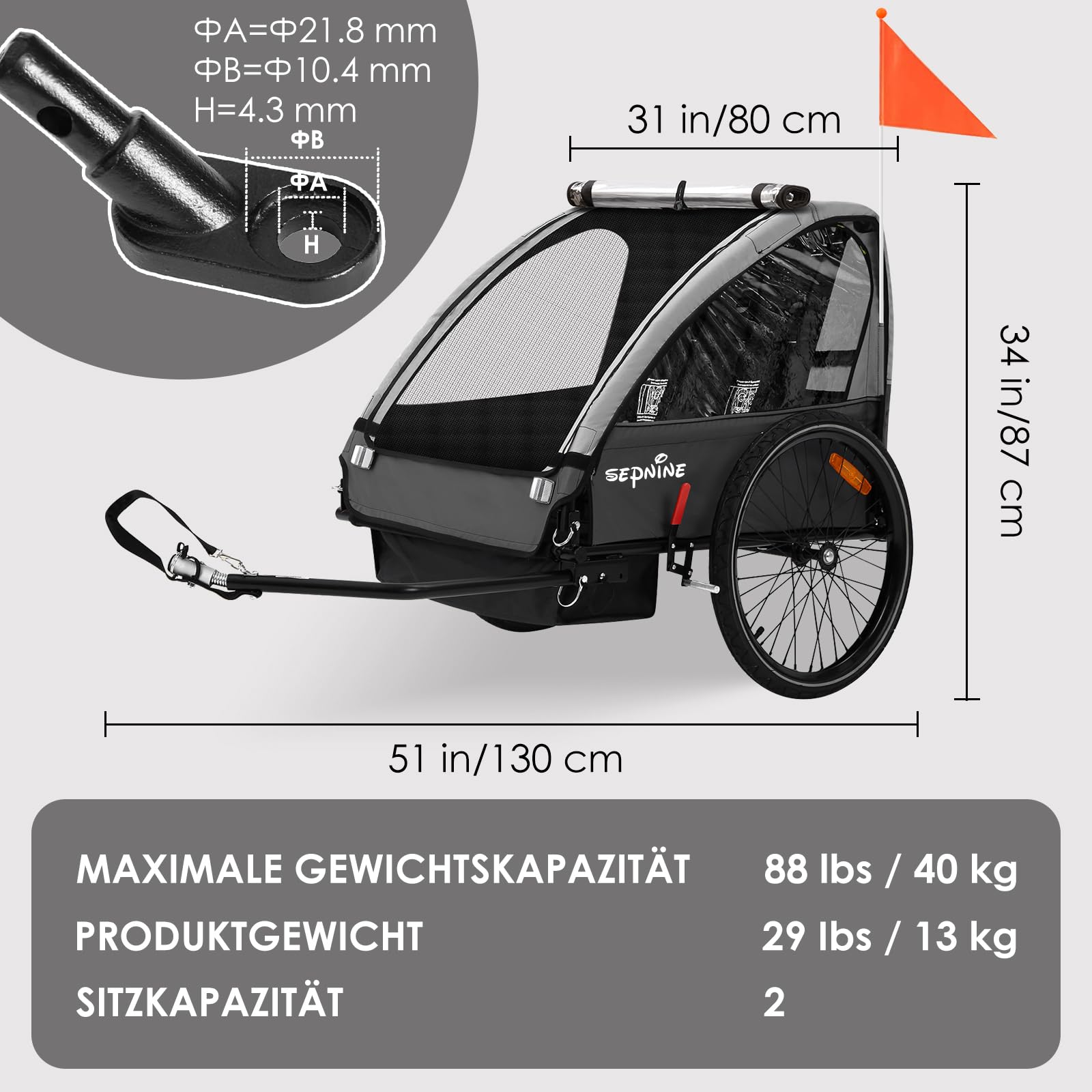 SEPNINE Kinderanhänger für Fahrrad, Fahrradanhänger für 1-2 Kinder, mit 5-Punkt-Sicherheitsgurt, Luftreifen, Handbremse, Faltbar, Max. 40 kg (Grau)
