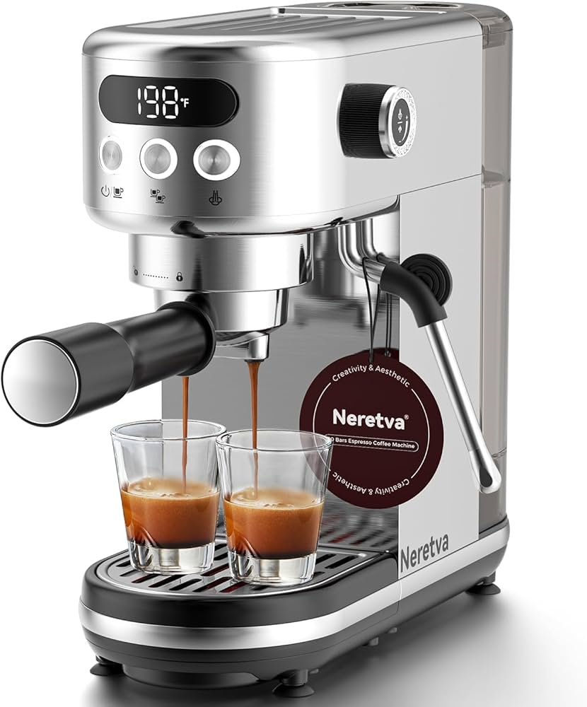 Neretva Espresso Machine 20 Bar, Super Compact Espresso Maker Stainless Steel Professional Coffee Machine Espresso with LED Display & Milk Frother for Home Barista Latte and Cappuccino Maker