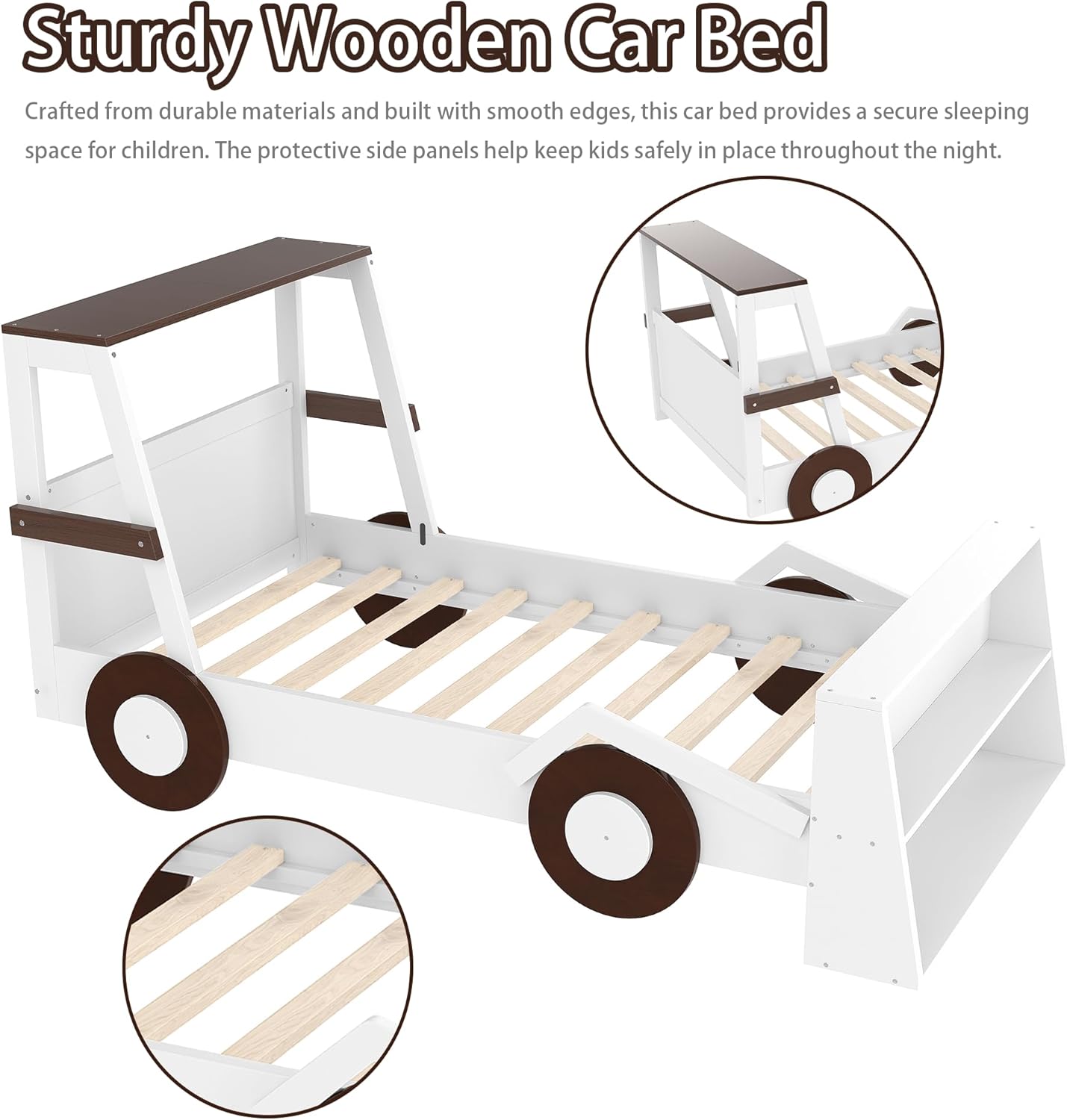 Linique Twin Size Car Bed for Kids, Race Car Shaped Platform Bed with Storage Shelves, Low Profile Children's Bed in Light White+Brown, Sturdy Wood & MDF Construction