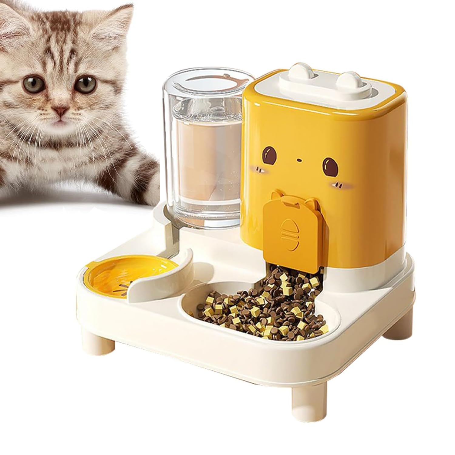 Wasserspender Futterspender für Katze und Hund, 2-In-1 Automatischer Trockenfutterspender, Automático Gravity Futterautomat Katze, Haustiere Futterstation, für Kleine Hunde Katzen (Gelb)