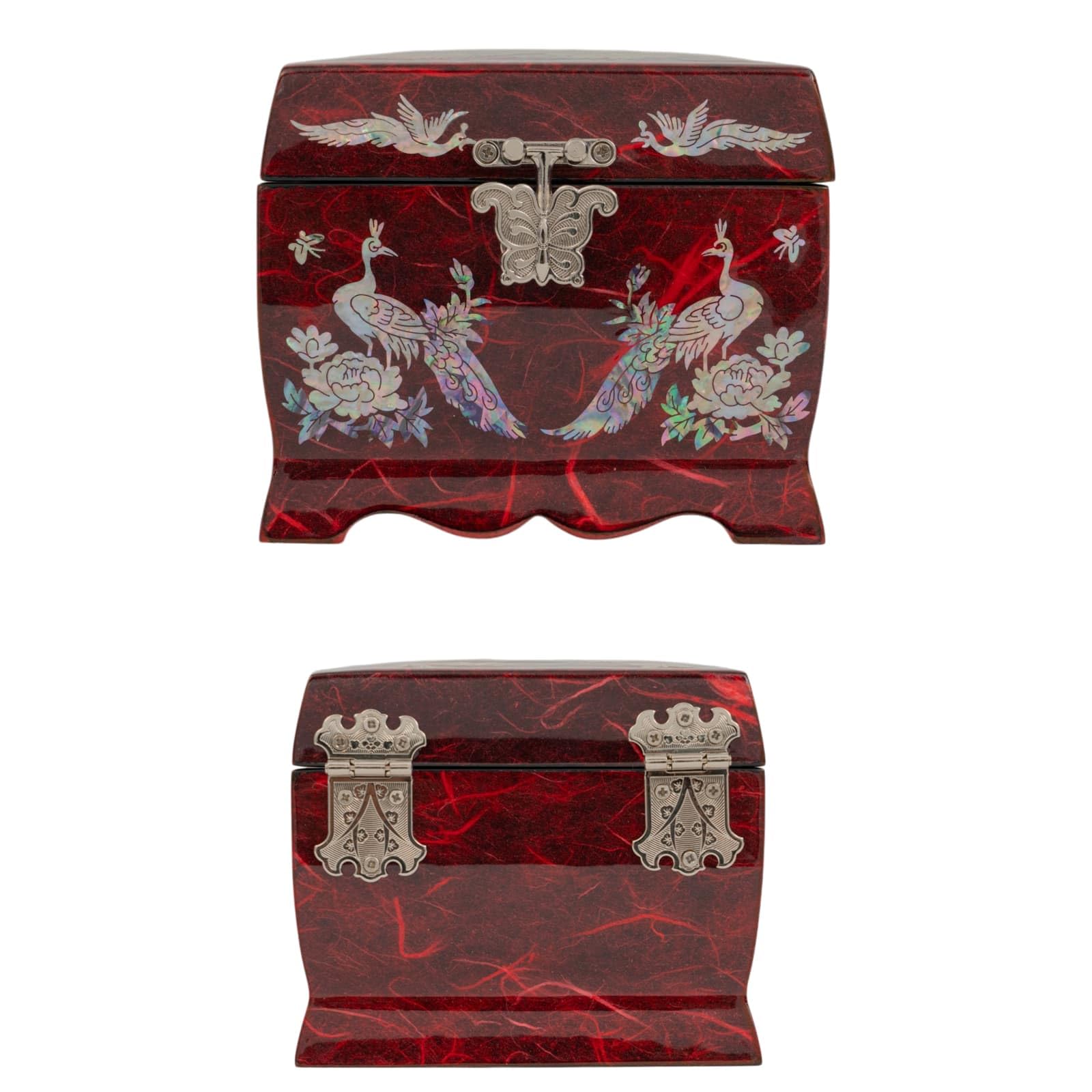 February Mountain Joyero musical de madreperla con espejo y soporte para anillos, caja de música, organizador de joyas tocando melodía Arirang, caja de joyería de pavo real, regalo para mujeres