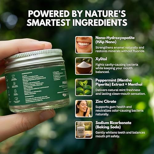 Miniatura 4 de PRIMALS Tabletas de pasta de dientes sin flúor, nanohidroxiapatita, cero sabores artificiales o plástico, remineraliza y blanquea los dientes, 60