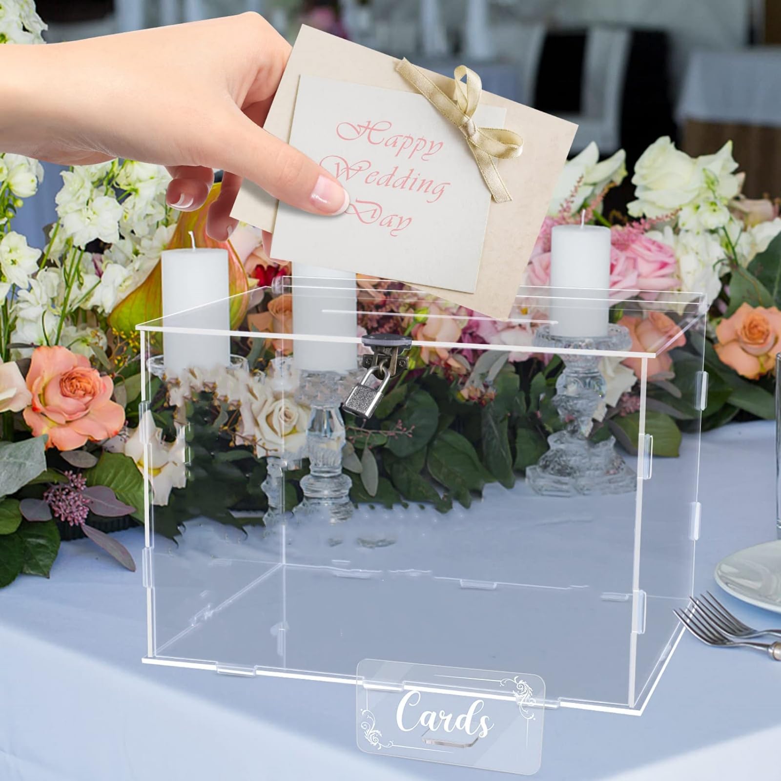 Boîte à cartes de mariage en acrylique transparent avec verrou sécurisé