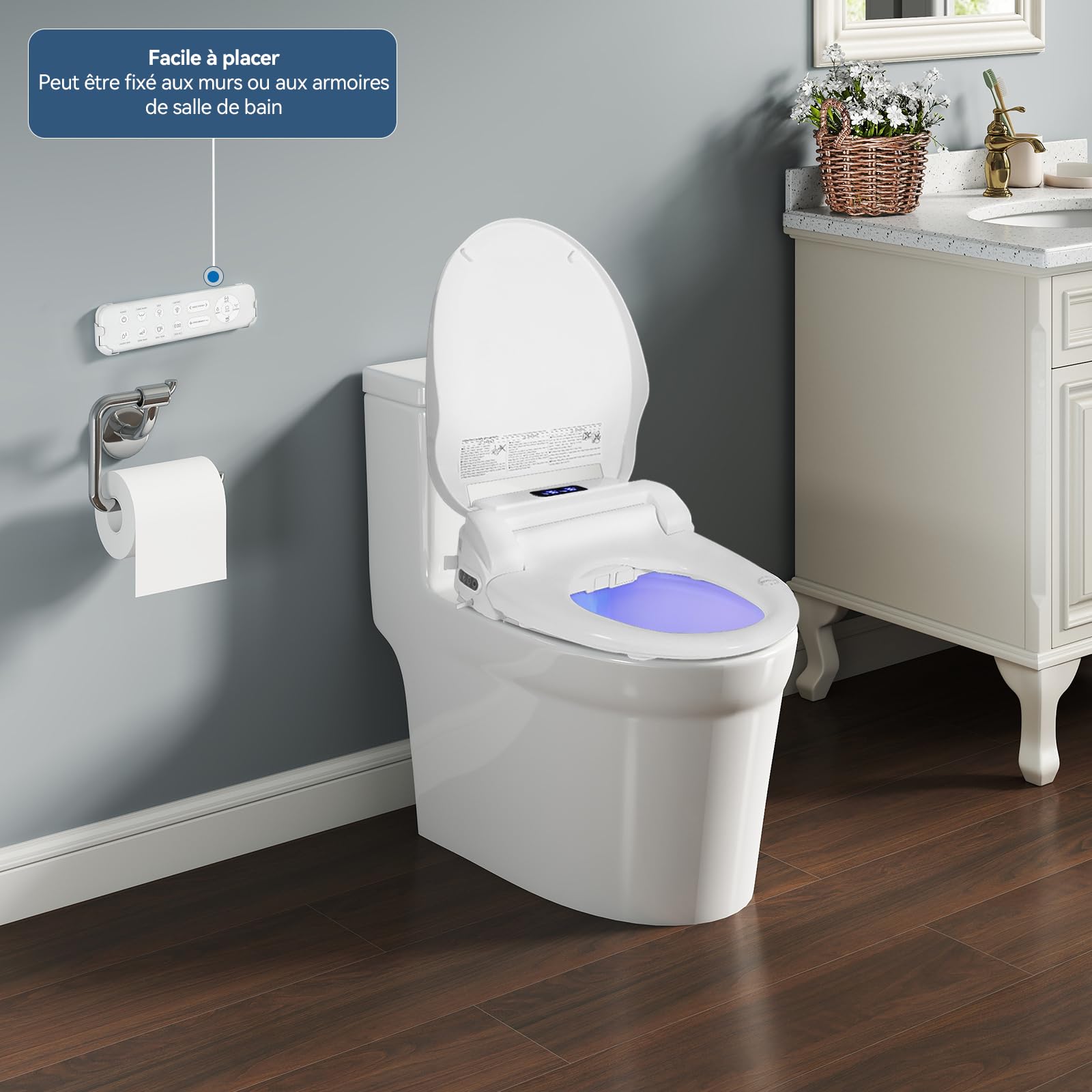 YOURLITE Siège de Toilette Intelligent,Abattant WC Japonais électrique,Siège Toilette Japonaise,Bidet Chauffant avec Buse,Frein de Chute,Séchage,Veilleuse,Télécommande,Forme V,Blanc