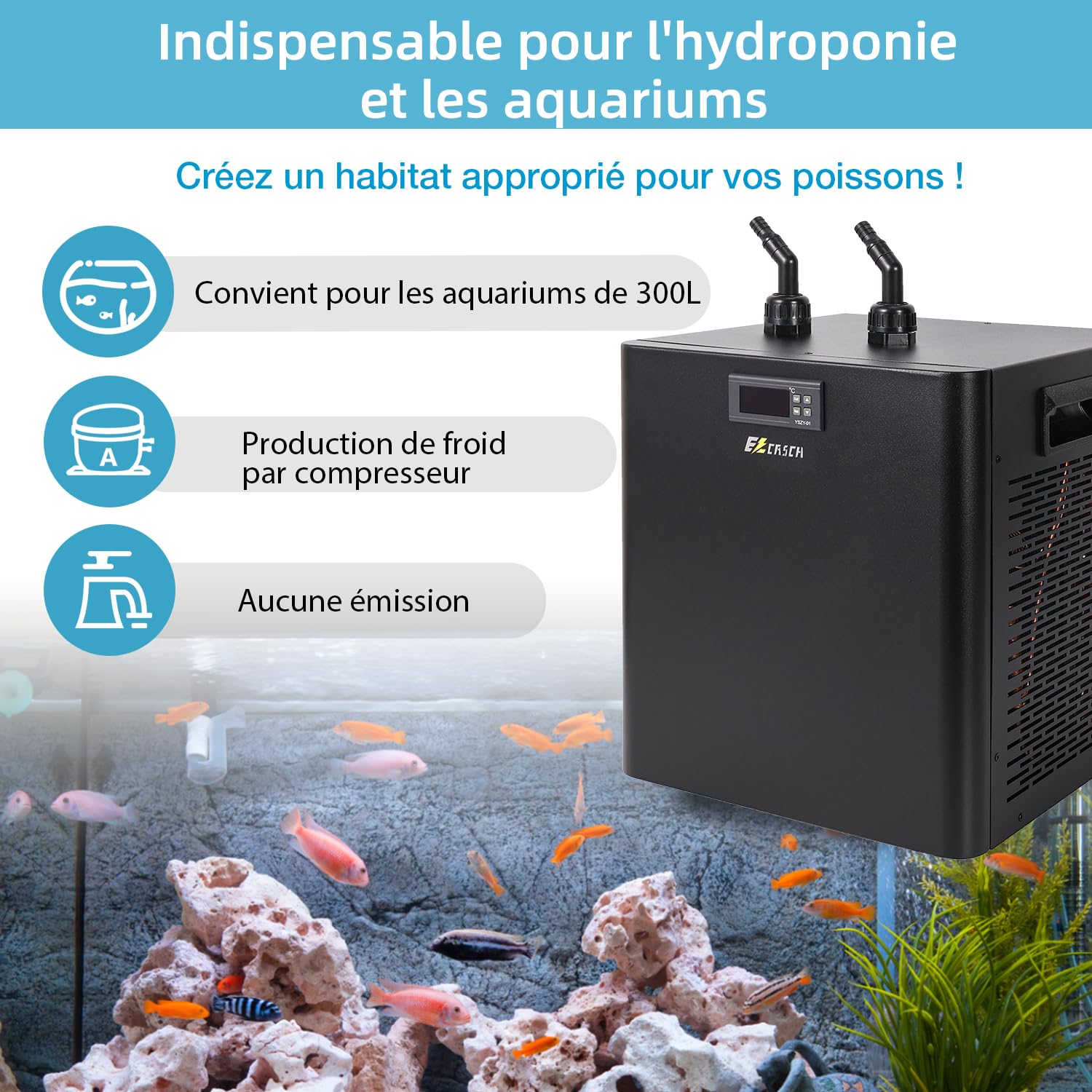 300L Refroidisseur d'eau pour Aquarium 245W, système de Refroidissement pour Aquarium de Poissons, système de Refroidissement pour crevettes d'aquaculture, Tuyau et Anneau de Fixation Inclus.