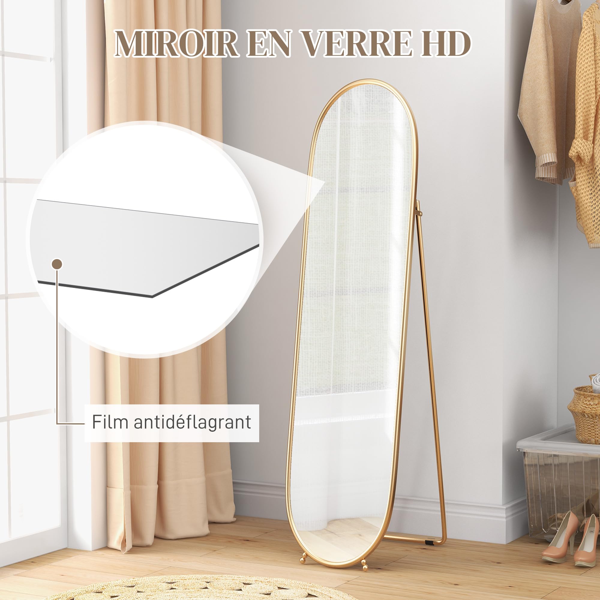 HOMCOM Grand Miroir sur Pied Ovale Cadre en métal doré 40 x 160 cm