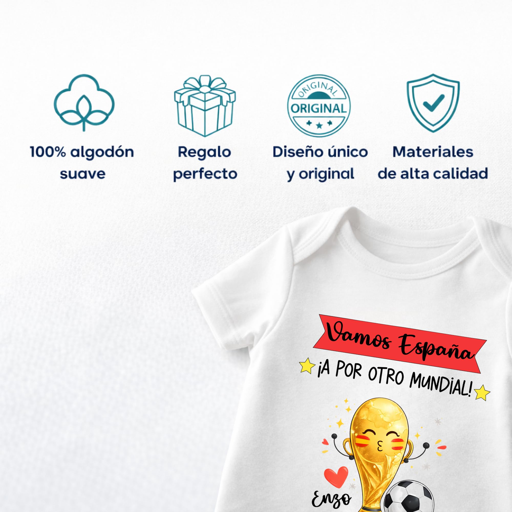 Body Bebé España Mundial 2026 Personalizado con Nombre – Algodón 100% – Manga Corta o Larga – Regalo Bebé Futbolero – Ropa Bebé Selección Española