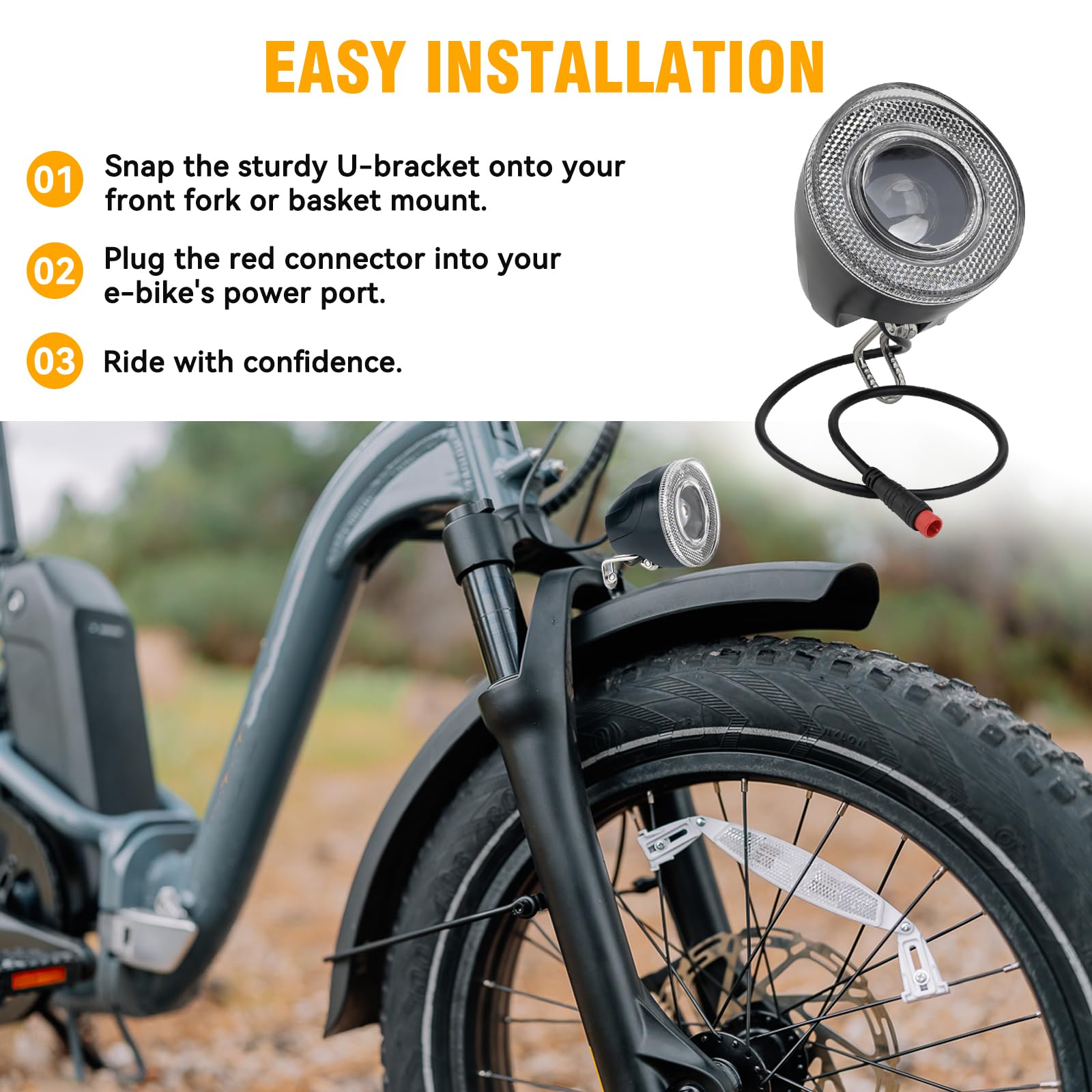 Jerbor Phare avant de vélo électrique pour Rad Power Bikes 2018 et modèles ultérieurs, visibilité à 360 degrés, boîtier en alliage d'aluminium, remplacement direct 2 broches pour vélo électrique
