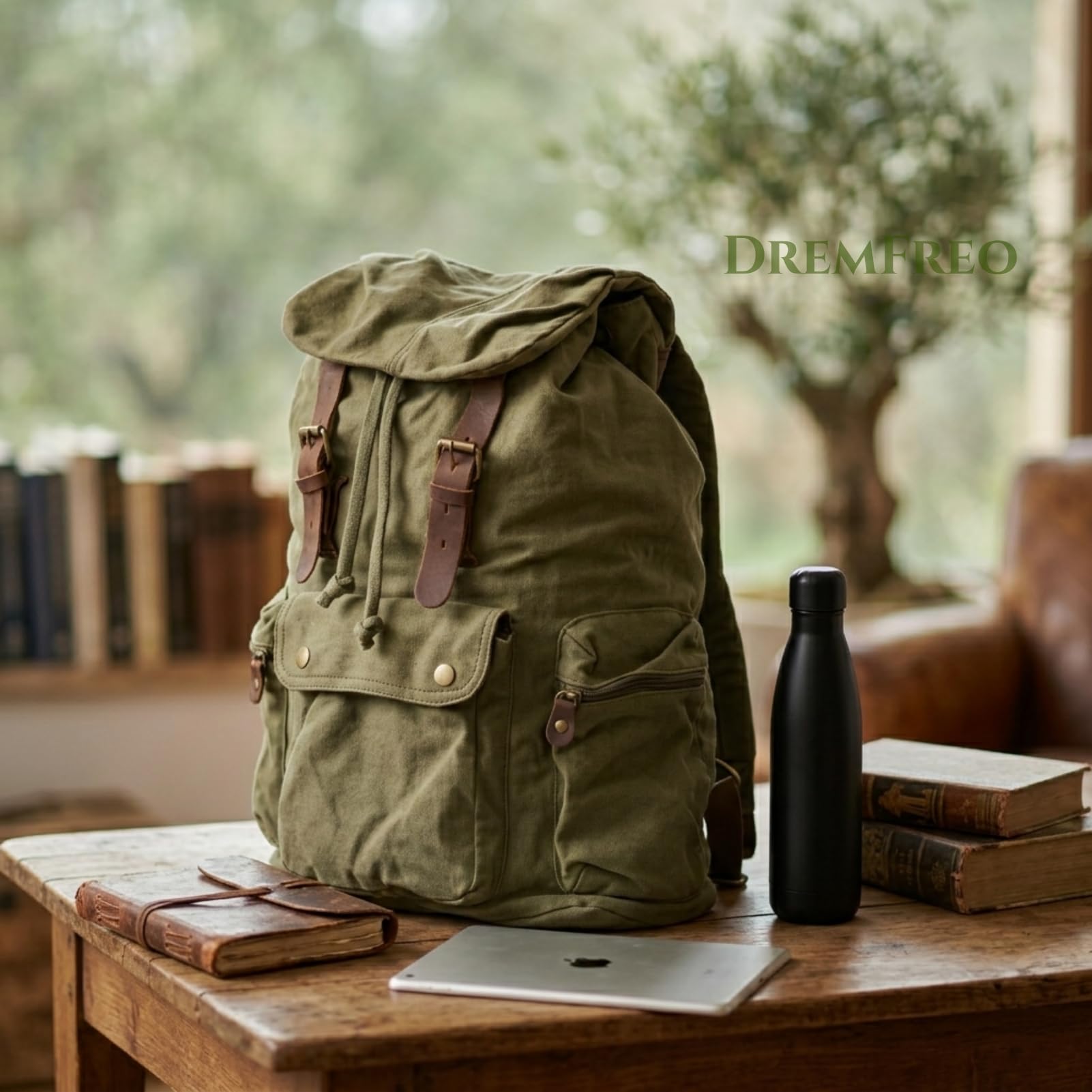 Zaino Casual in Tela e Pelle Vintage-Doppia Chiusura a Coulisse e Bottoni in Ottone Capiente per Laptop Viaggio e Trekking #240 (Verde Oliva)