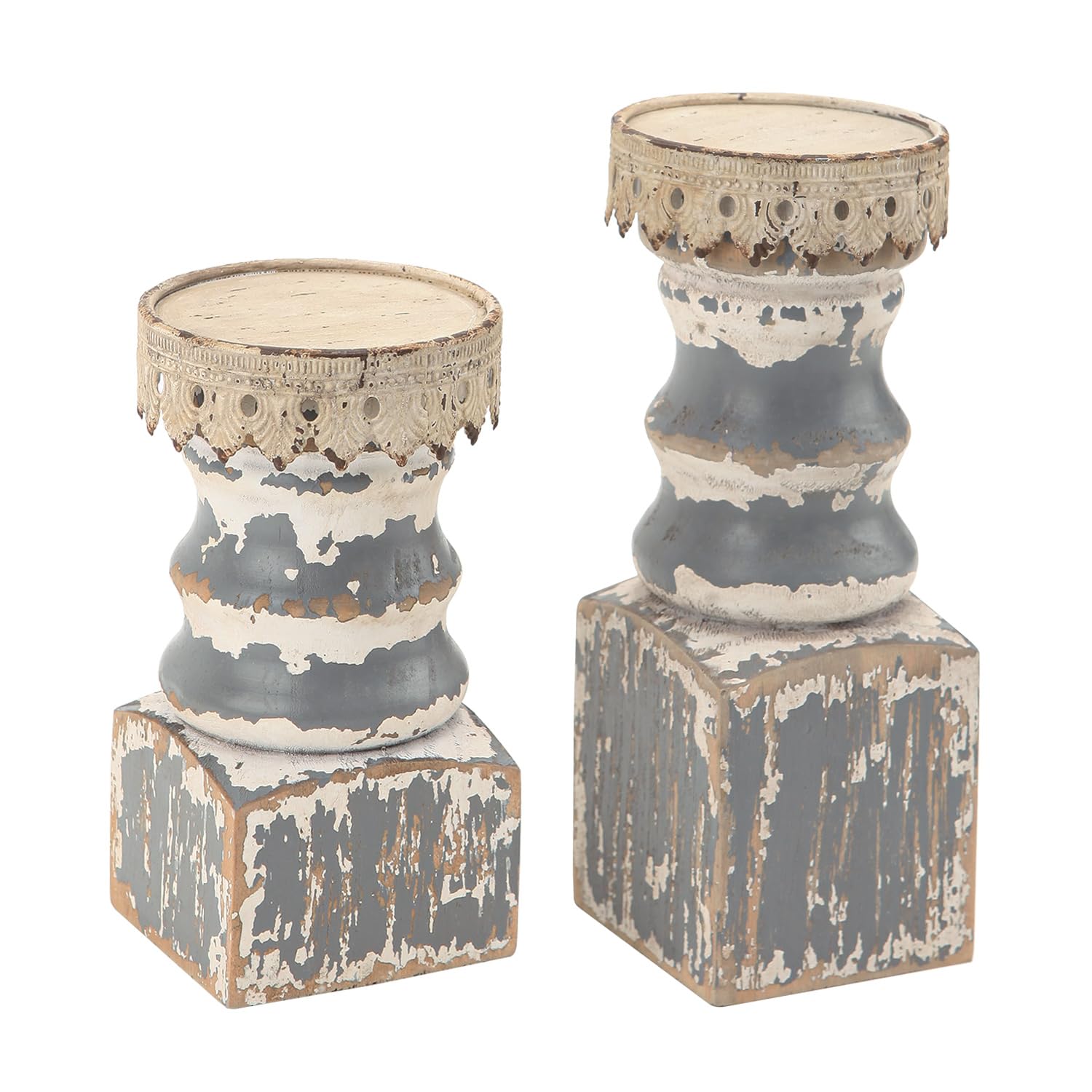 Nikky Home Juego de 2 portavelas de Pilar de Granja, Pedestal Decorativo de Madera rústica, centros de Mesa para Chimenea, Chimenea, cafetería, Mesa de Comedor, Gris Envejecido
