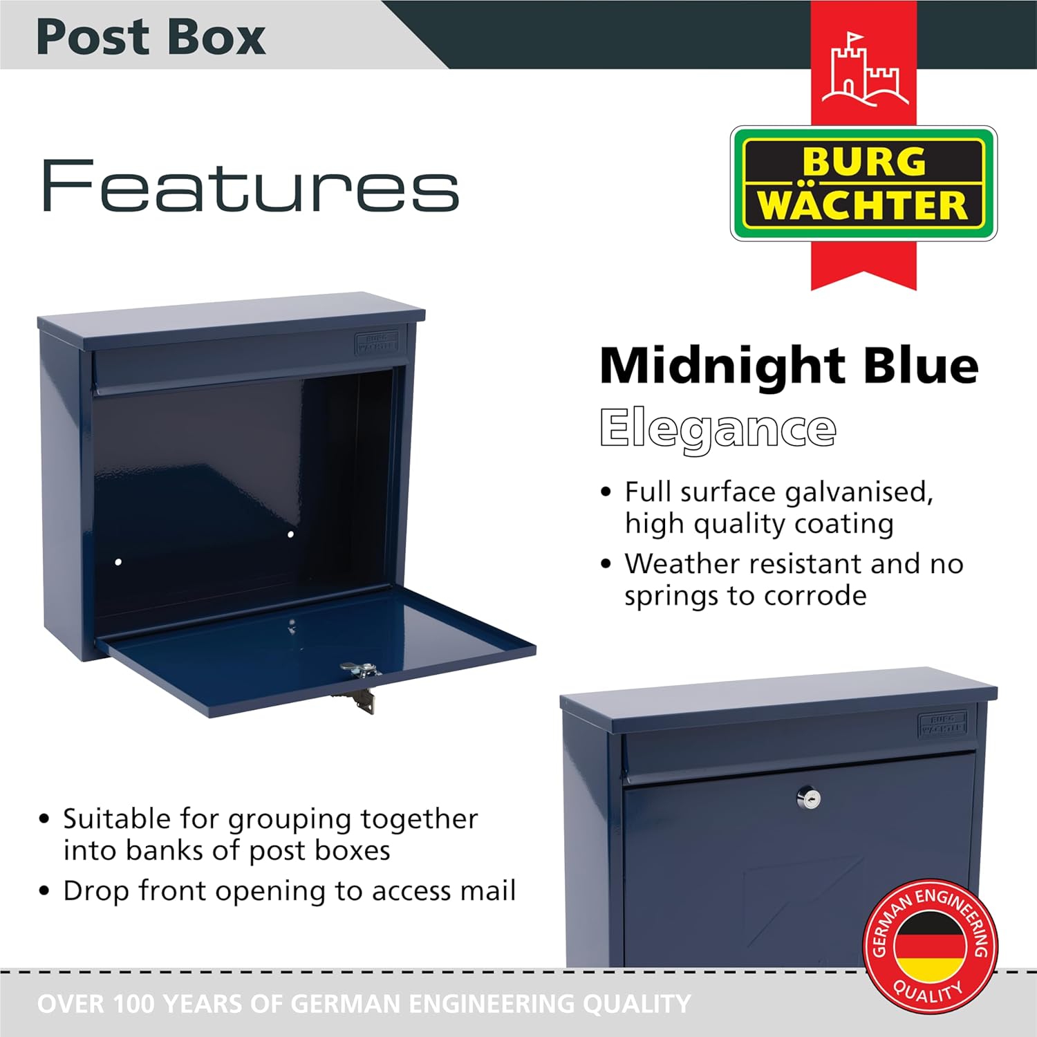 Burg Wachter MB02MB Wall Mounted Galvanised Steel Lockable Weatherproof Post Box, 310 x 362 x 112, Midnight Blue