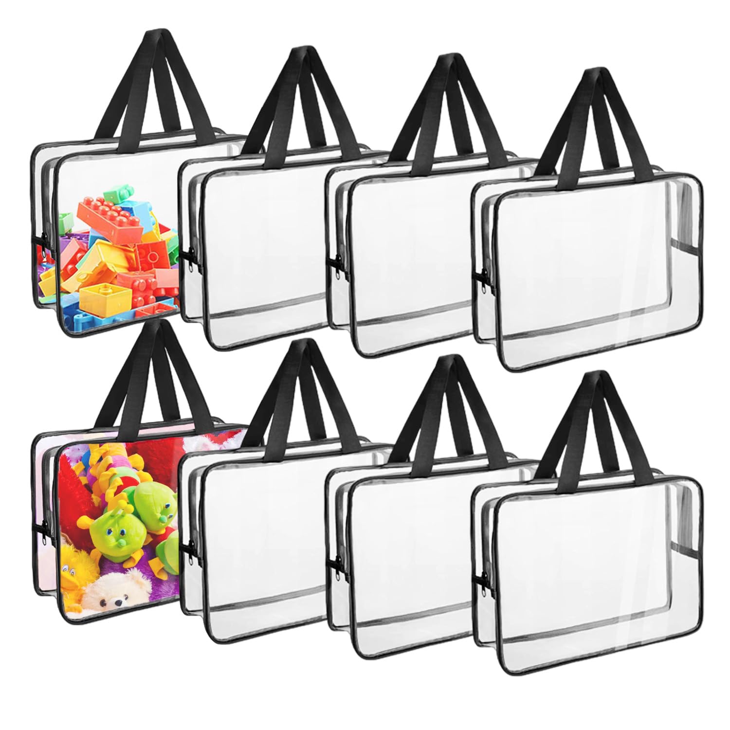 Punklong 8 Pack Clear Toy Storage Bags with Handles and Name Tag,Toy Bag with zip bags for toys,11.8x8.6x3.9 inch for Storage Board Game, Building Blocks, Puzzles