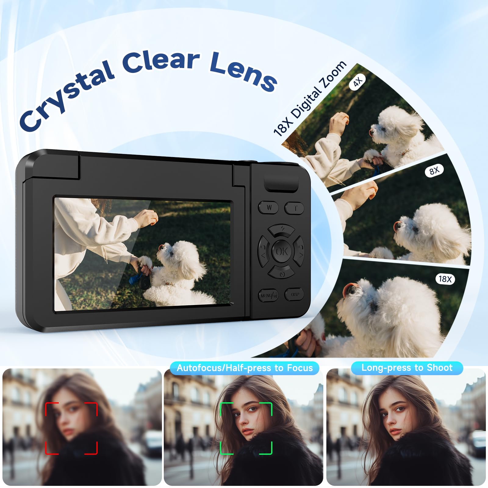 Macchina Fotografica Digitale 4K 64MP, Wevoor Fotocamera Digitale Compatta 32GB con Flip 180° da 3", Zoom Digitale 18x, Batteria da 2000 mAh, Digital Camera Per Principianti Adolescen Bambini - Nero