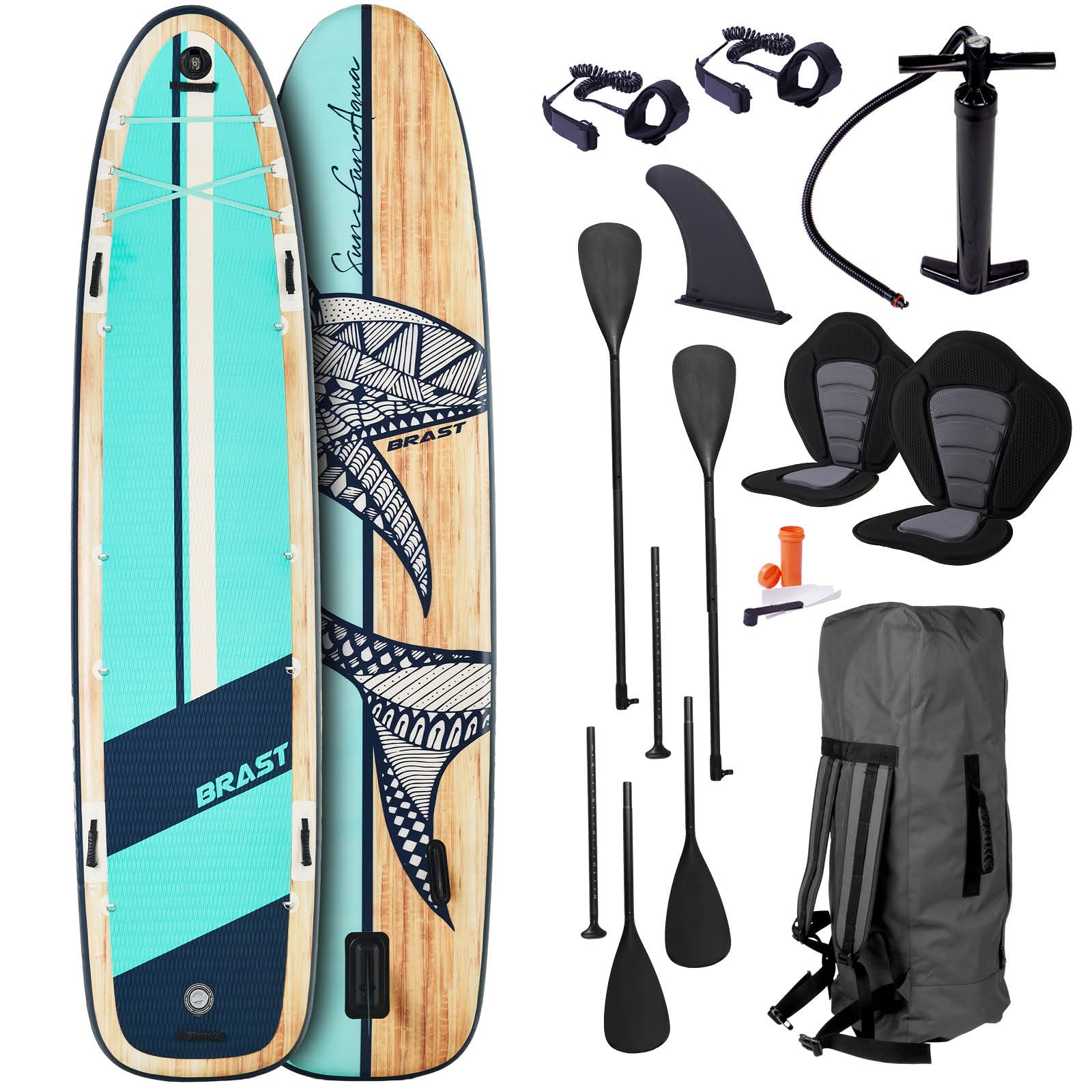 BRAST SUP Board Family | Aufblasbares Stand up Paddle Set XXL | 370x87x15cm bis 250kg | 7 Designs | inkl. Zubehör 2X Kajak-Sitz 2X Fußschlaufe 2X Paddel Pumpe Rucksack
