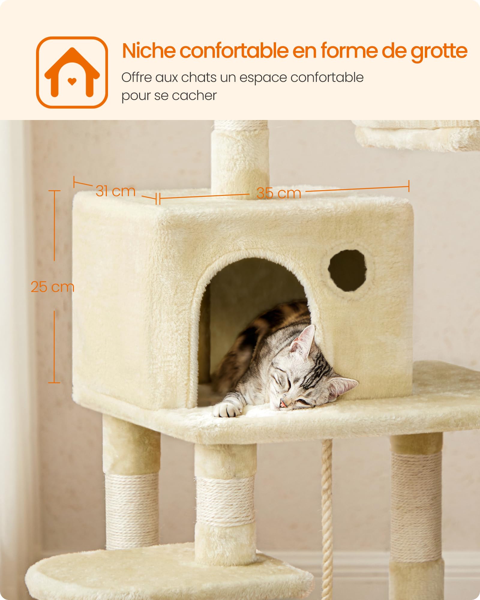 Feandrea Arbre à Chat Hauteur 143 cm, Tour de Jeux pour Chat, avec 11 Poteaux à Griffer, 2 Plateformes, 1 Niche, 1 Hamac, 2 Pompons, en Tissu Peluche, Plusieurs Niveaux, Beige PCT15BE