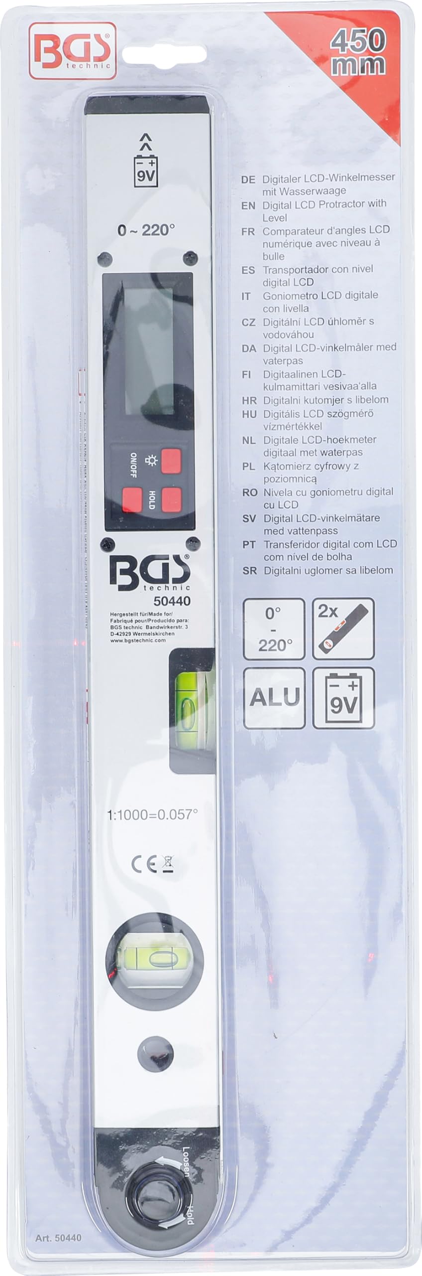 BGS 50440 Digitaler LCD-Winkelmesser mit Wasserwaage 450 mm Winkelschmiege Neigungsmesser