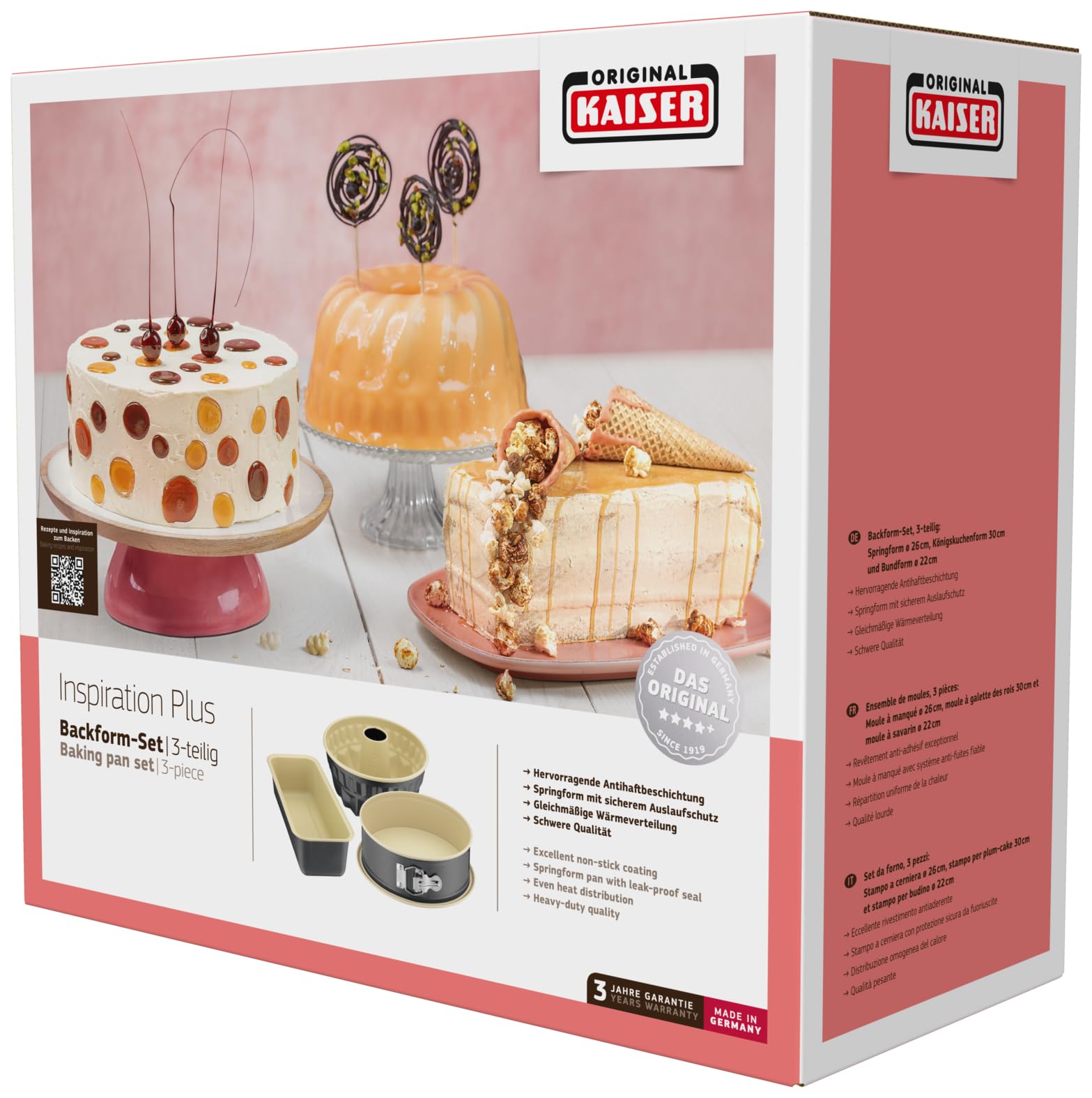 Original Kaiser Inspiration Plus Backformen Set 3 teilig mit Springform rund (Flachboden), Gugelhupf Backform, Kastenform, Kuchenform antihaftbeschichtet, Königskuchenform, auslaufsicher