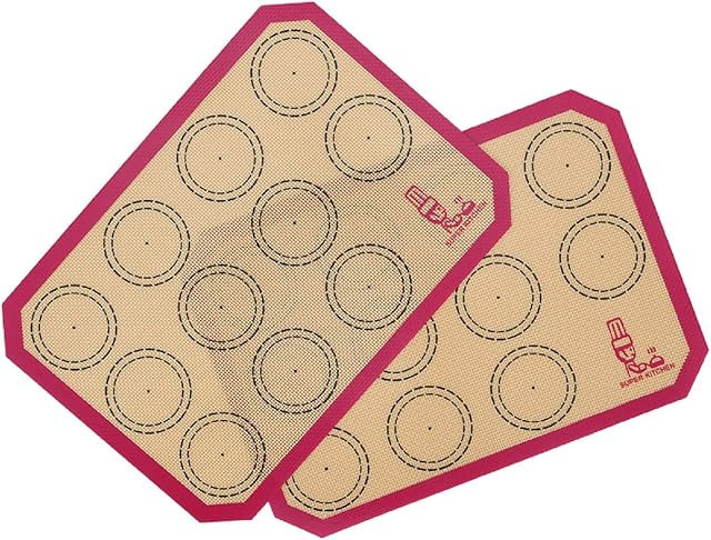 SUPER KITCHEN Silicone Baking Mats Macaron Cookie Sheet - Set of 2, Non Stick Oven Tray Liners for Macaroons/Cake/Bread Making, Table Placemat (Pink, 30x21cm)