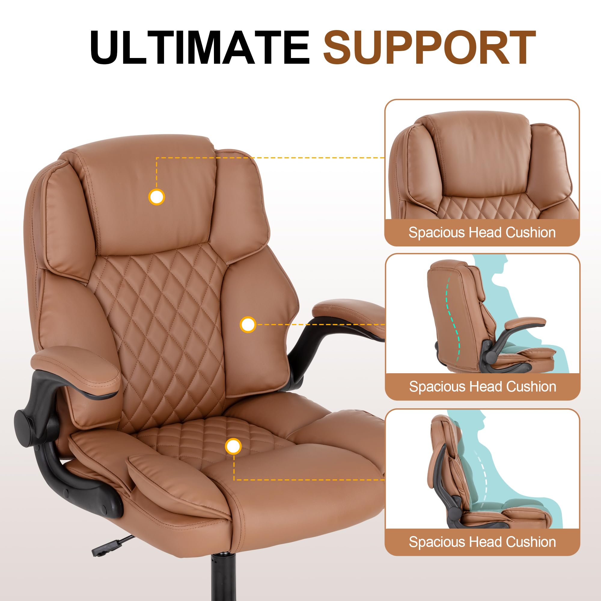 Office Desk Chair,Mid Back Executive Leather Chair,Ergonomic Home Computer Chair,Modern Conference Room Chairs with Adjustable Flip-Up Arms and Rocking Function (Brown)