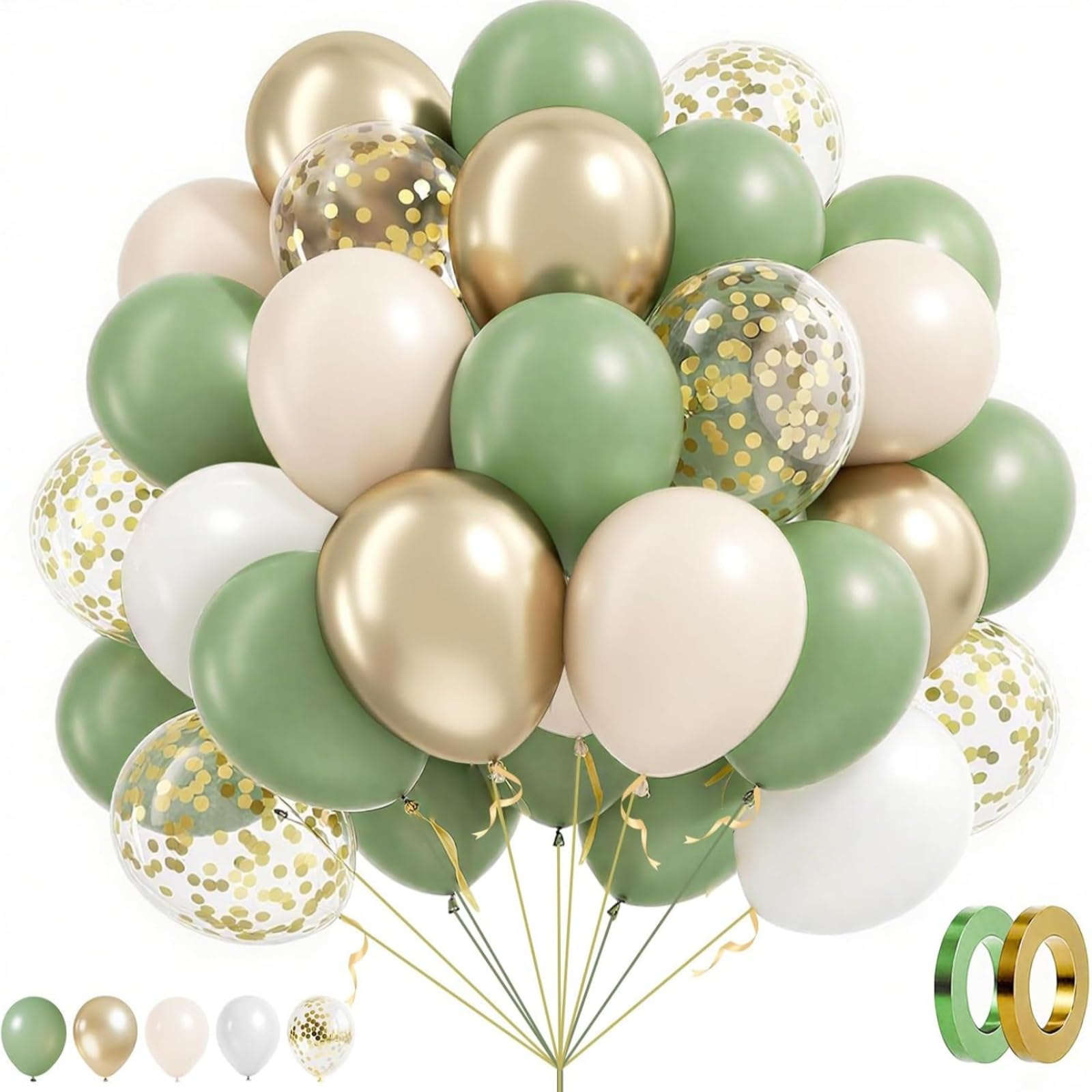 Sage Green and Gold Balloons, 12 Inch 60 Pack Wedding Birthday Decorations