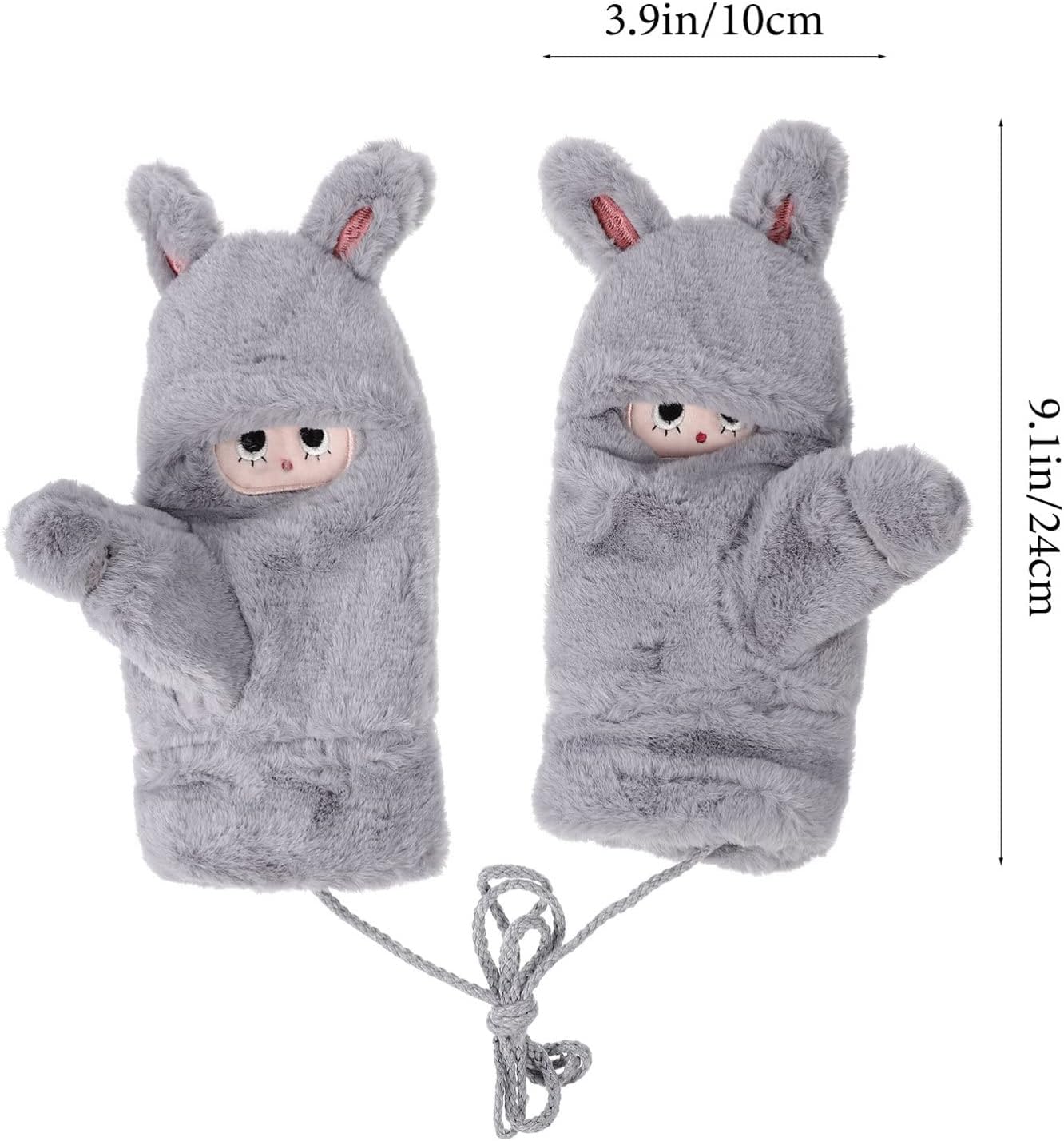 Toyvian Kids Plush Bunny Gloves with String Winter Mittens Women for Girls Cute Full Finger Ski Snow Outdoor Gloves