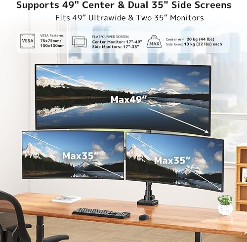 Miniatura 2 de Soporte triple para monitor de hasta 49 pulgadas, brazo de 3 monitores totalmente ajustable con resorte de gas, soporte de escritorio para 3