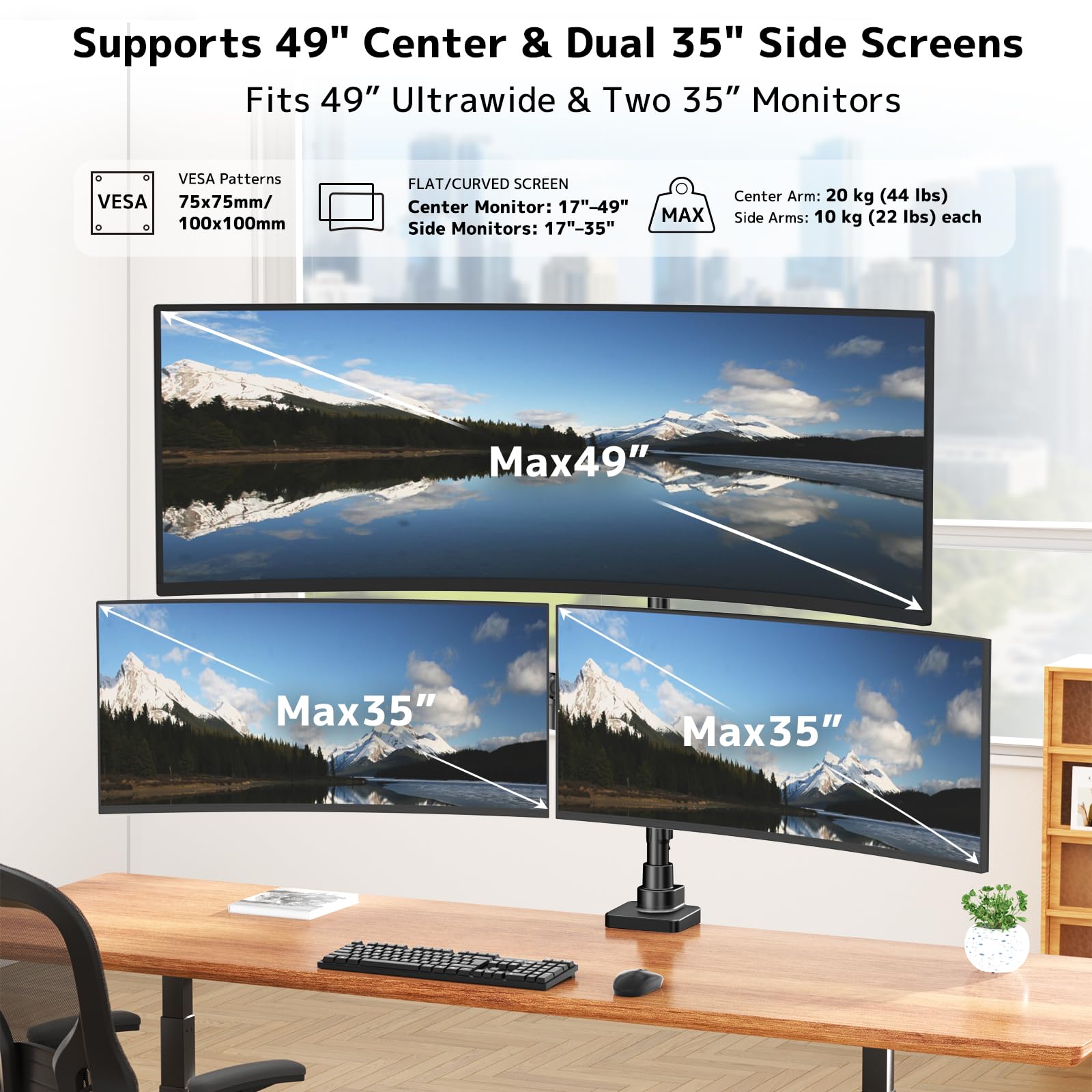 Monitor Halterung 3 Monitore Schreibtisch-1 Fester 49" und 2 Gasfeder 35",bildschirmhalterung 3 monitore Höhenverstellbar,80cm Stange Monitor Tischhalterung bis 20 kg