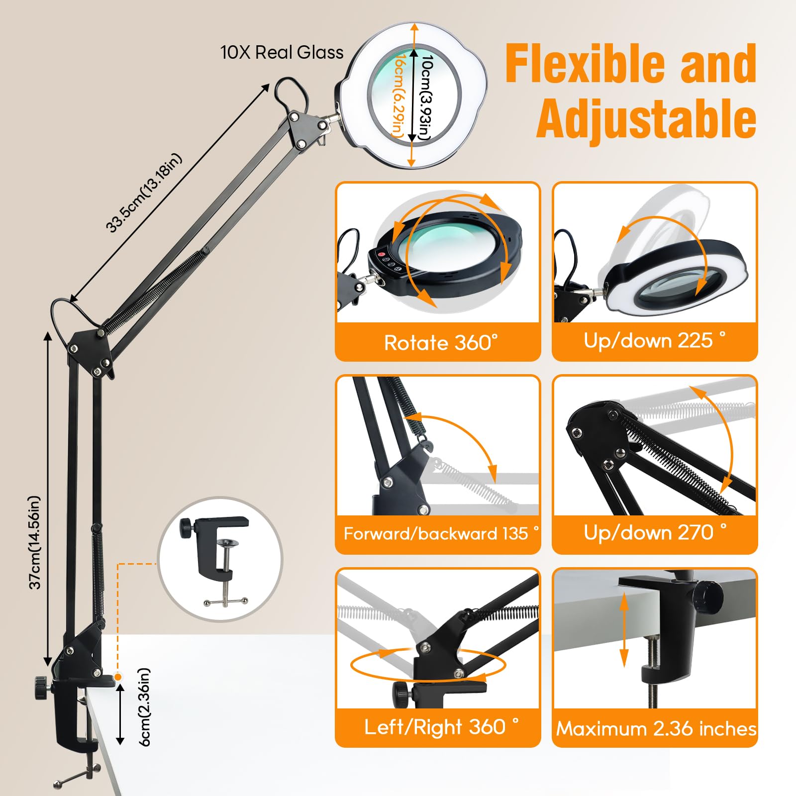 HYEIOL LED Magnifying Glass with Light,5 Color Modes 10 Brightness Dimmable Magnifying Lamp with Desk Clamp - Image 2