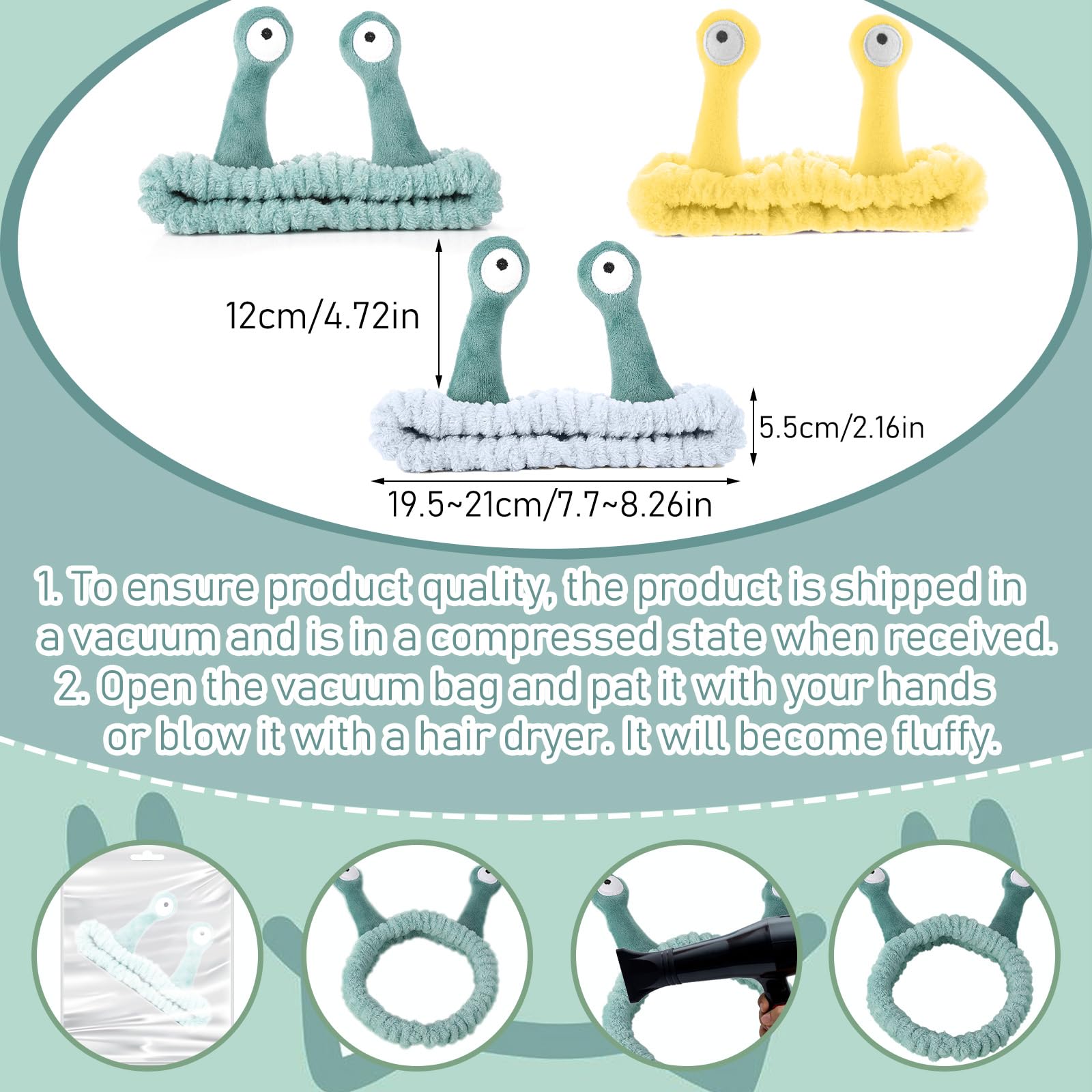 KFHENSOMR 3Pcs Face Wash Headband Snail Spa Hair Bands Cute Makeup Headbands Women Cartoon Creative Hair Accessories Elastic Coral Fleece Fun Gifts for Washing Face Shower Beauty Skincare - Image 2