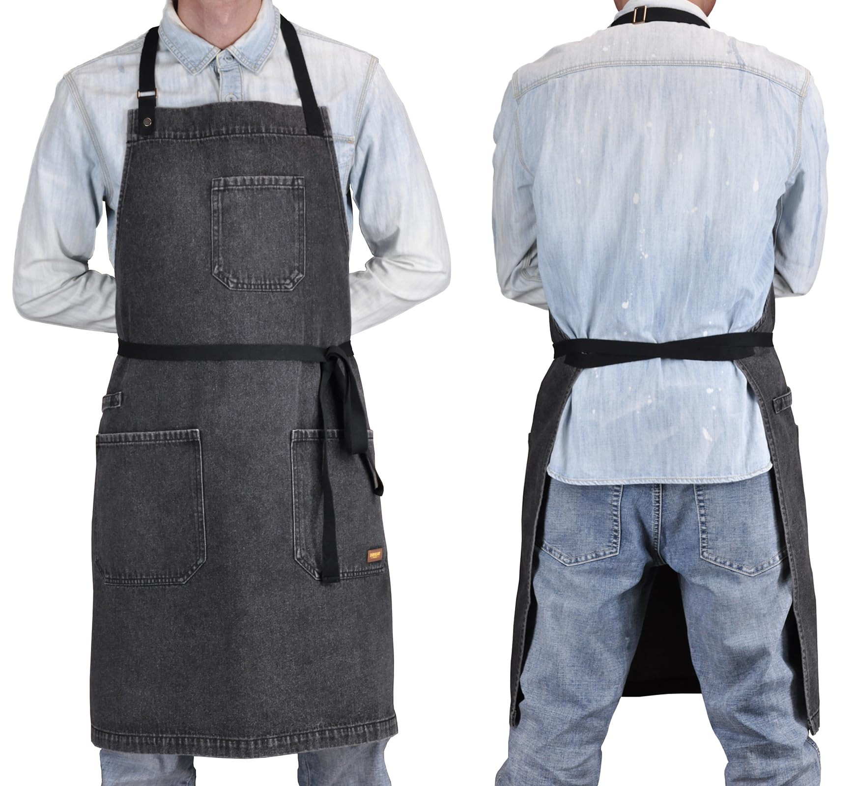 Delantal de chef profesional con bolsillos, delantal de mezclilla negro para cocina, cocina, parrilla, barbacoa, con lazo para toalla y correas ajustables para el cuello, Black Denim