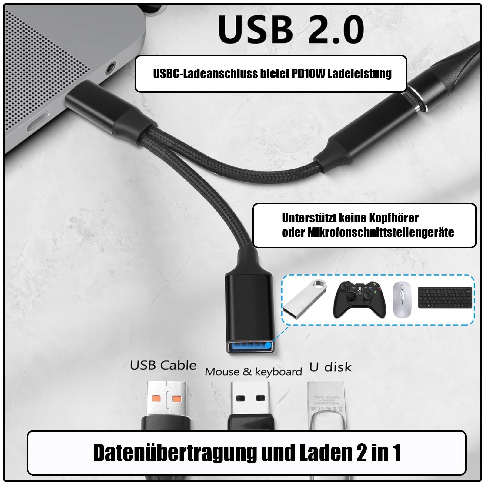Rozdzielacz Powice US B C na 1 do 2 USB 2.0, rozdzielacz 10 W, akumulator B C 1 na 2, adapter OTG do rozszerzenia USB C