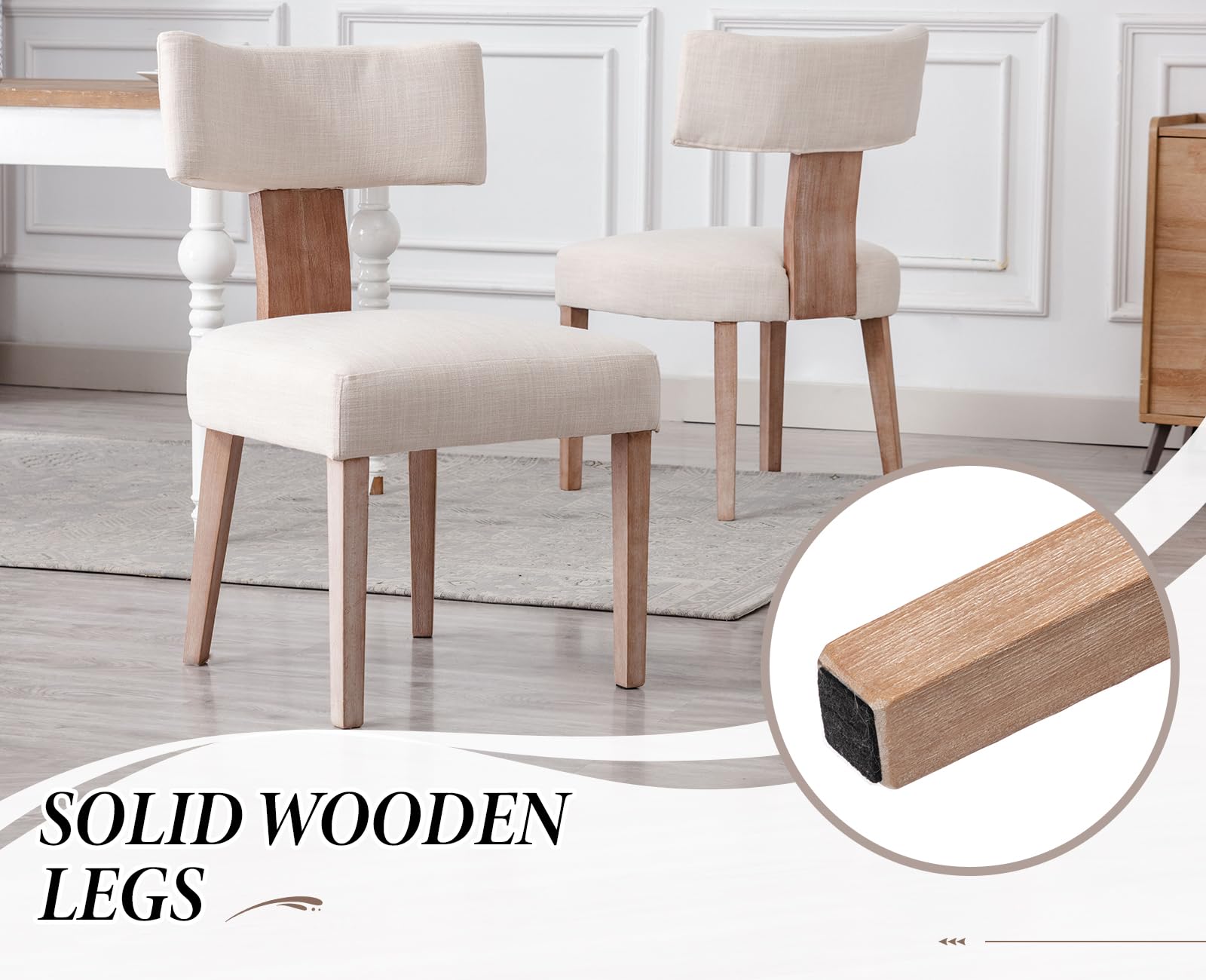chairus Juego 2 de Sillas de Comedor Acolchada con Patas de Madera Silla de Cocina de Lino, Sillas Estilo Moderno Minimalista con Respaldo Curvo para Mesa/Salón, Beige